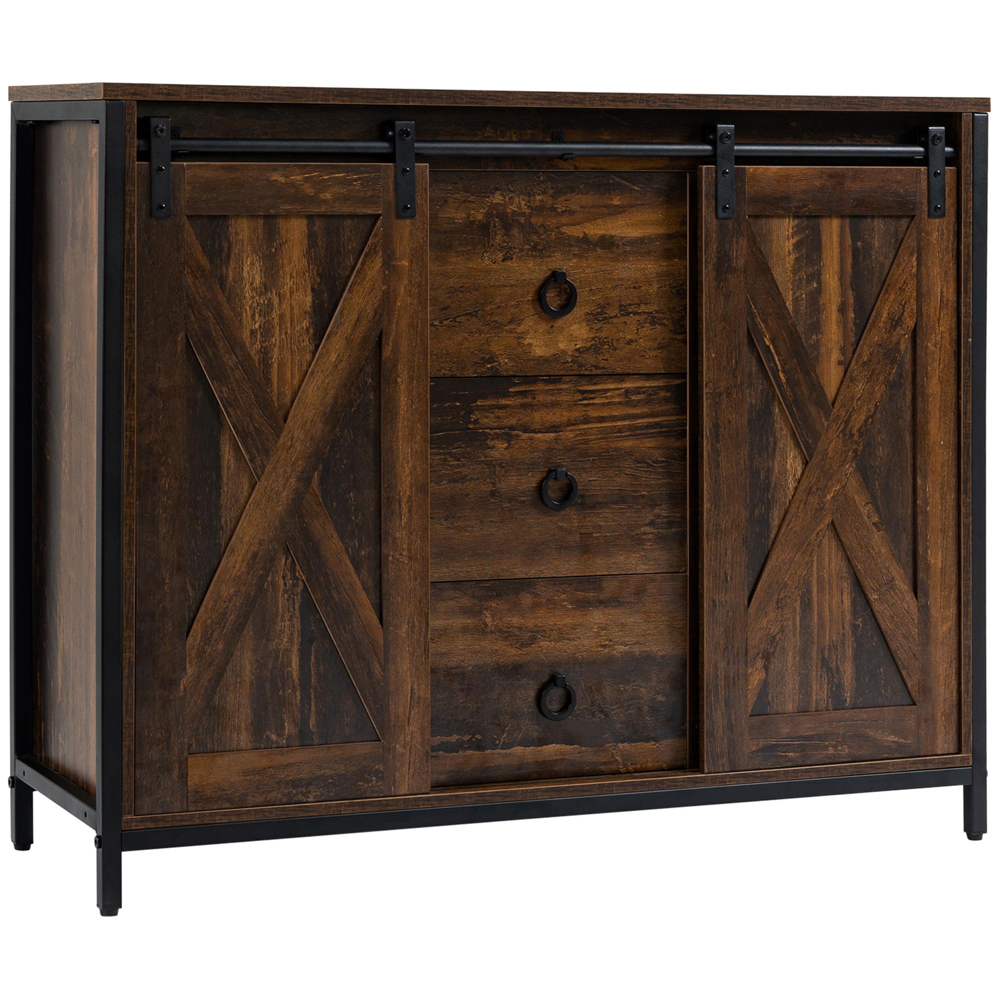 Rustic Brown Sliding Sideboard with Three Drawers
