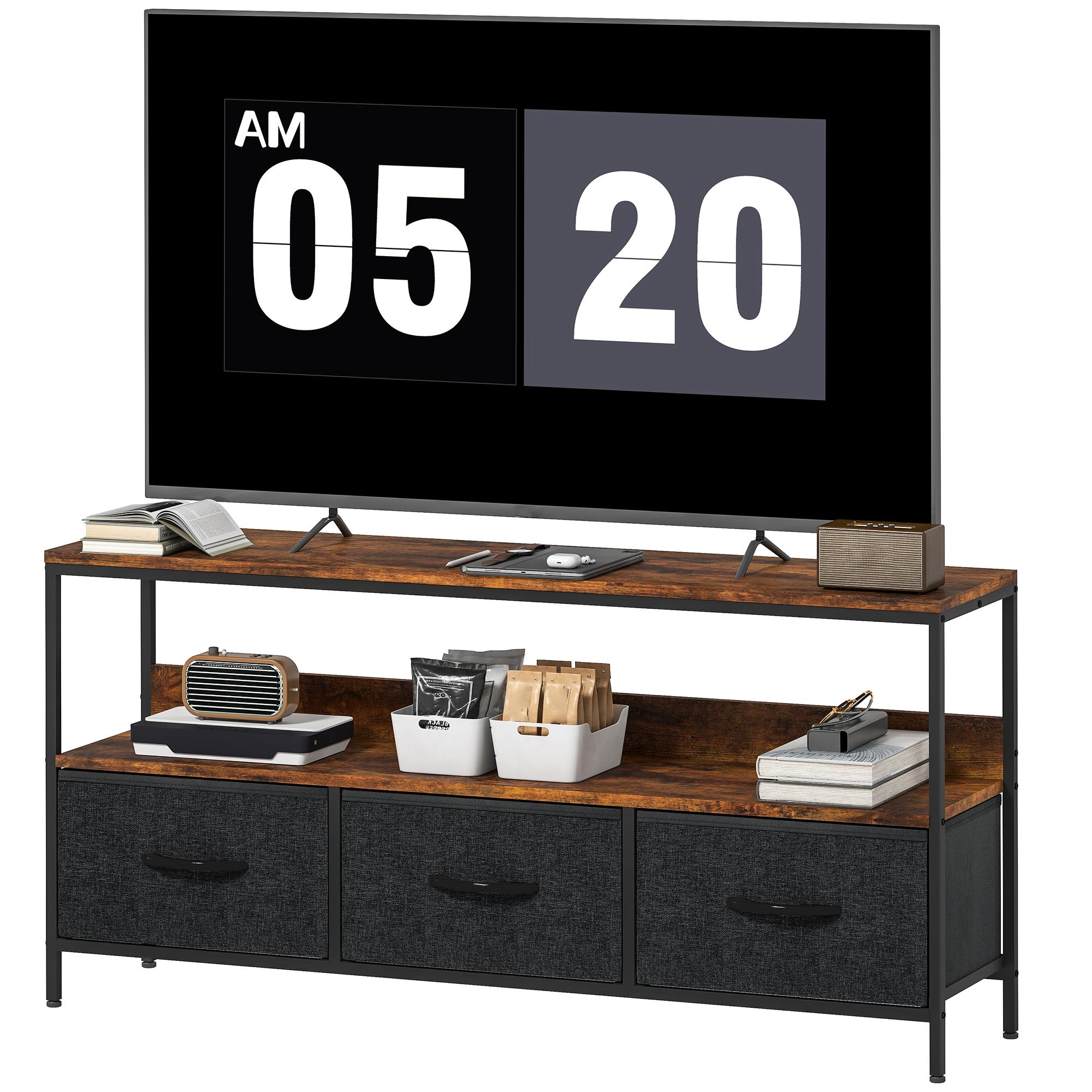 Rustic Brown Linen TV Stand with Foldable Drawers for 55 Inch TVs