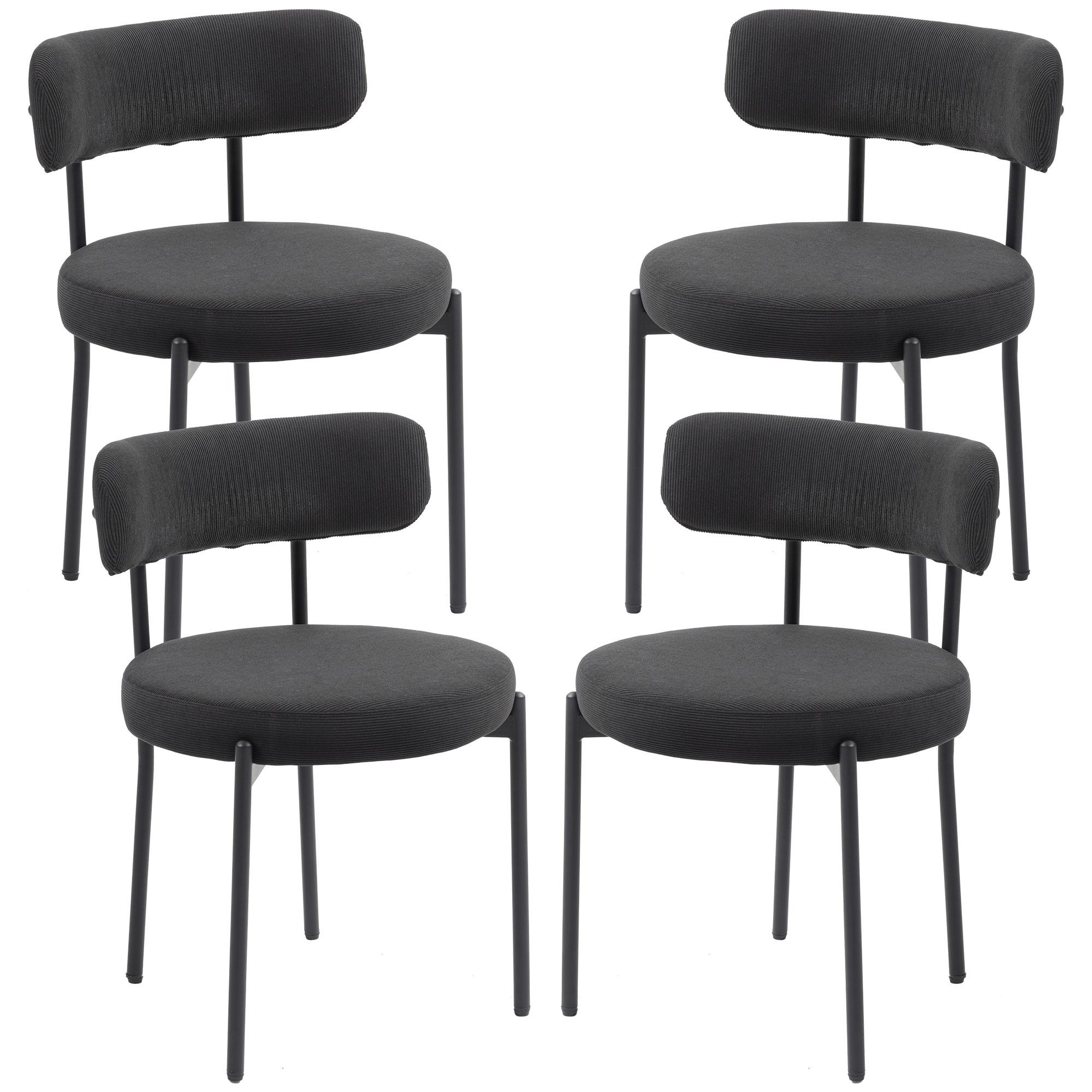 Black Corduroy Dining Chair Set with Steel Legs, 4 Pieces