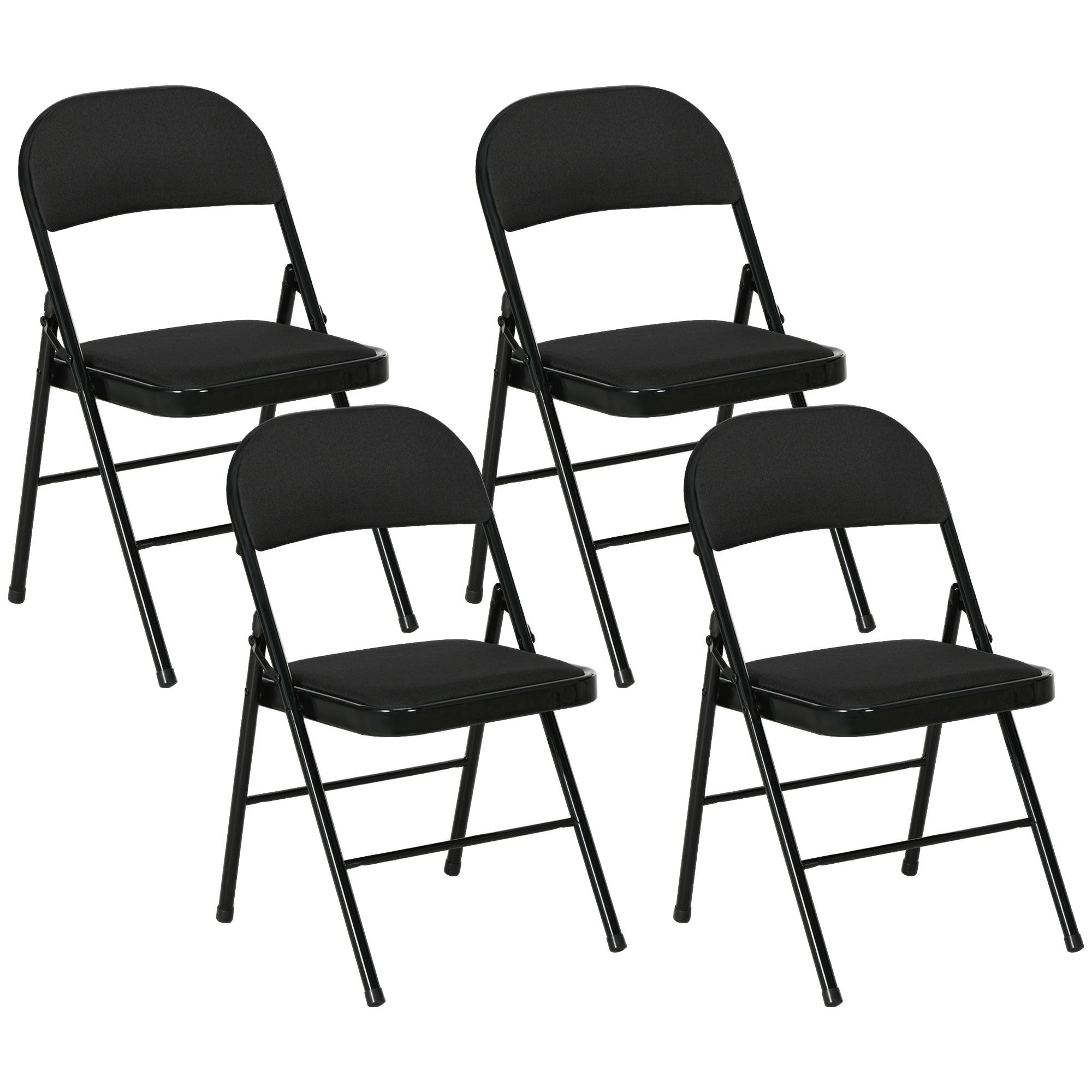 Black Linen Folding Chairs Set of 4 with Padded Seats