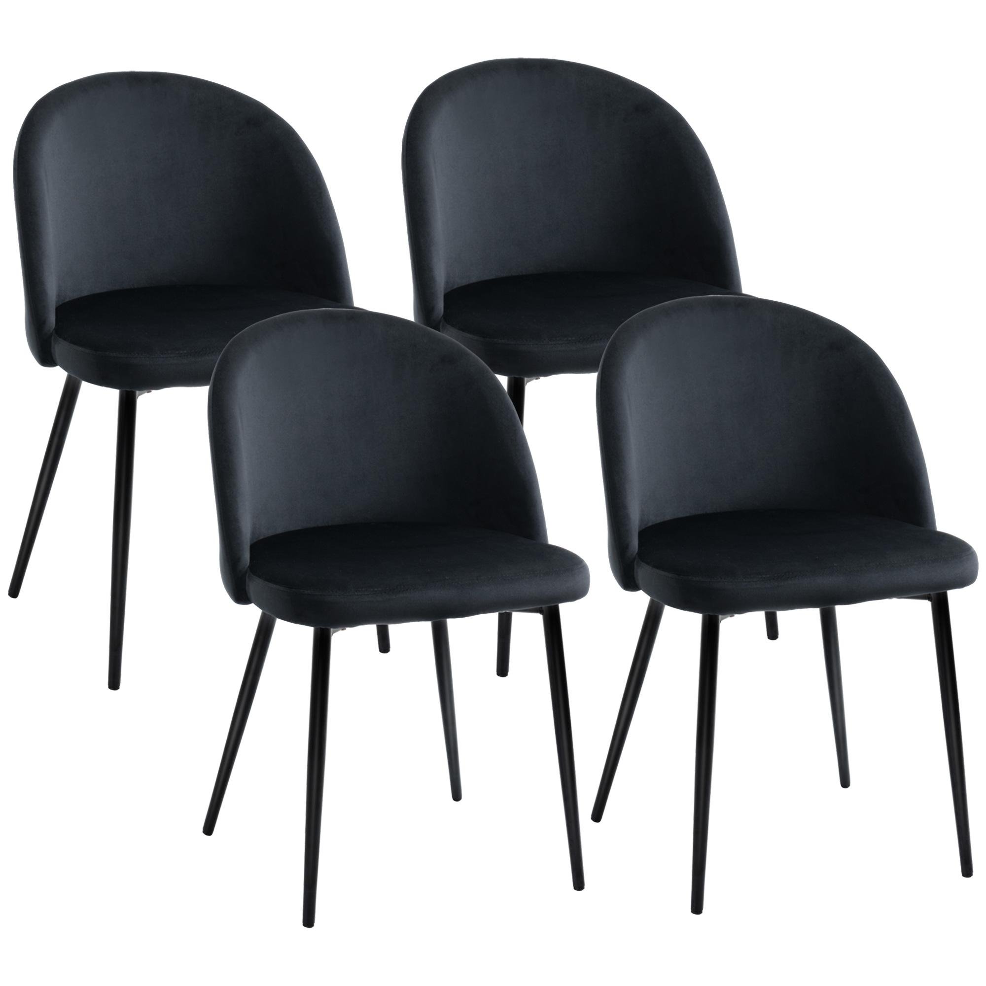 Black Velvet Touch Dining Chairs, Curved Mid-Back Set of 4