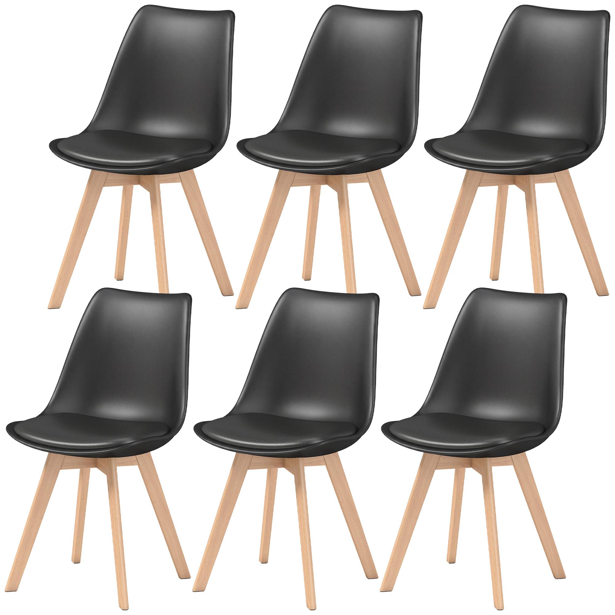 Black Rubberwood Dining Chairs with Padded Seats, Set of 6