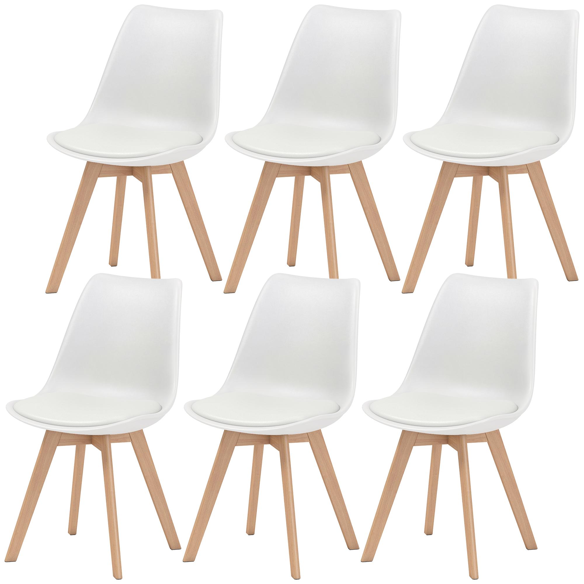 White Rubber Wood Chair Set with PU Leather Seats, Set of 6