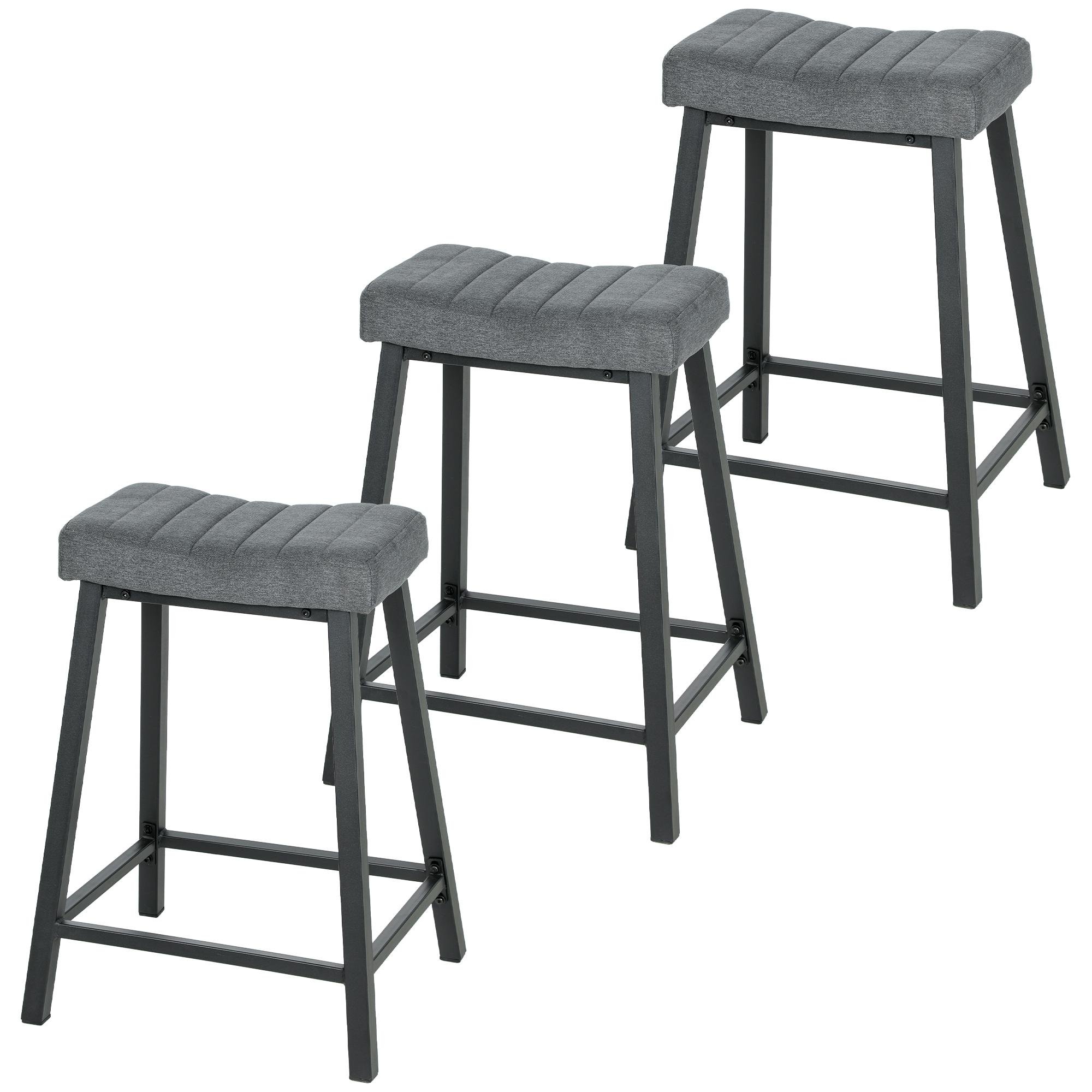 Grey velvet saddle bar stools with footrests, set of 3