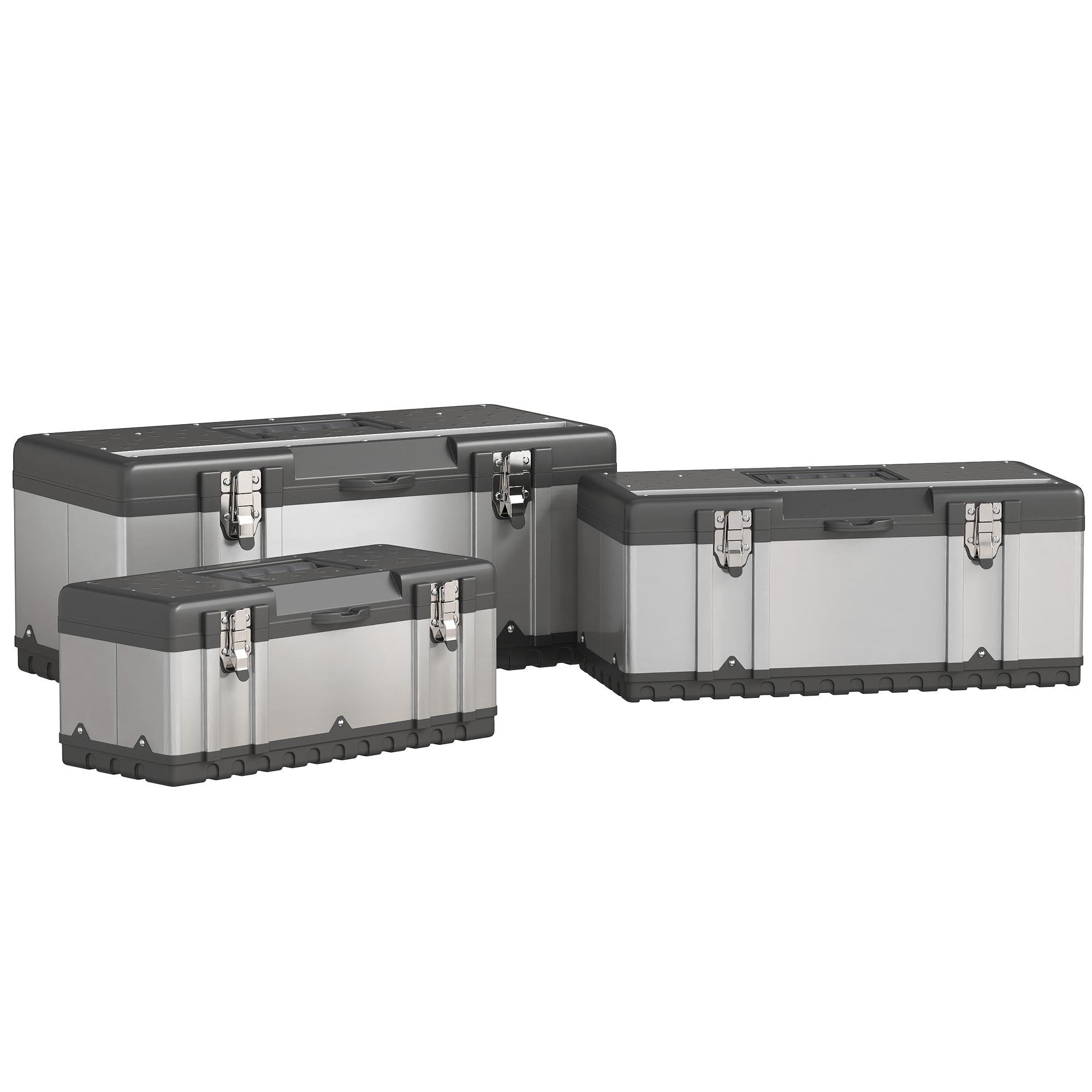 Three-Size Stainless Toolboxes with Trays, Silver