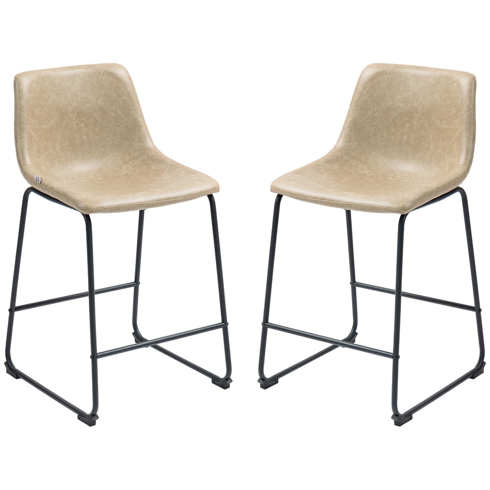 Beige Distressed Leather Bar Stools, Set of 2 Counter Height