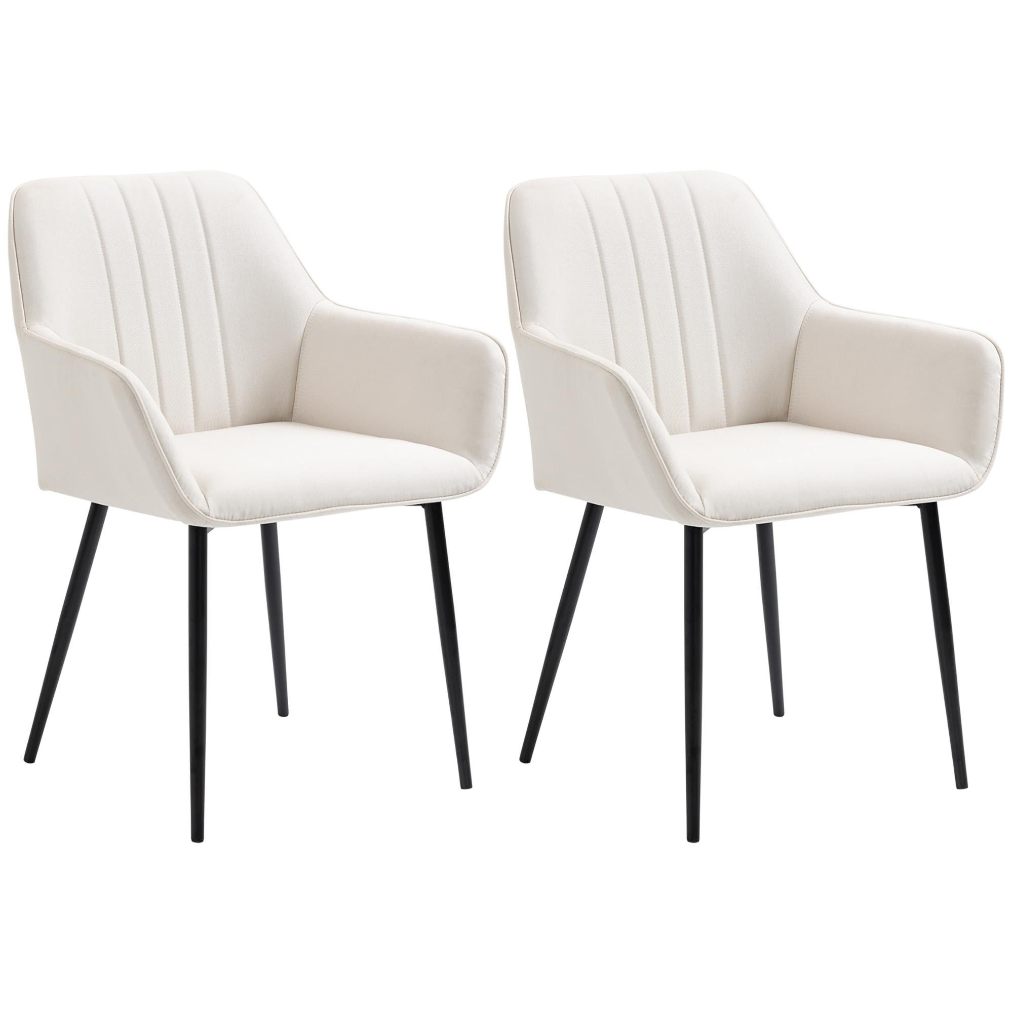 Beige Linen Armrest Dining Chairs with Padded Seats, Set of 2