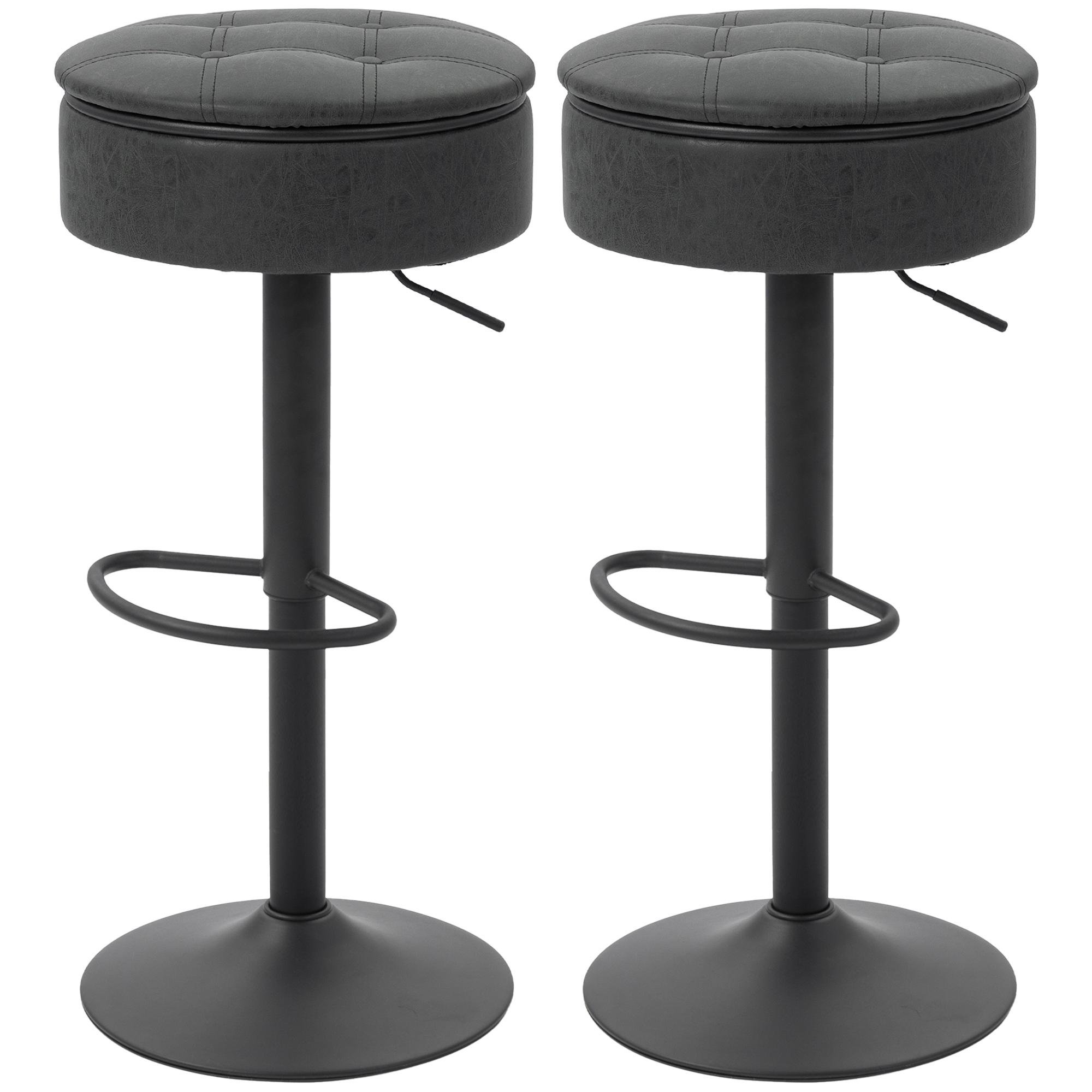 Black Storage Swivel Barstools with Adjustable Height, Set of 2