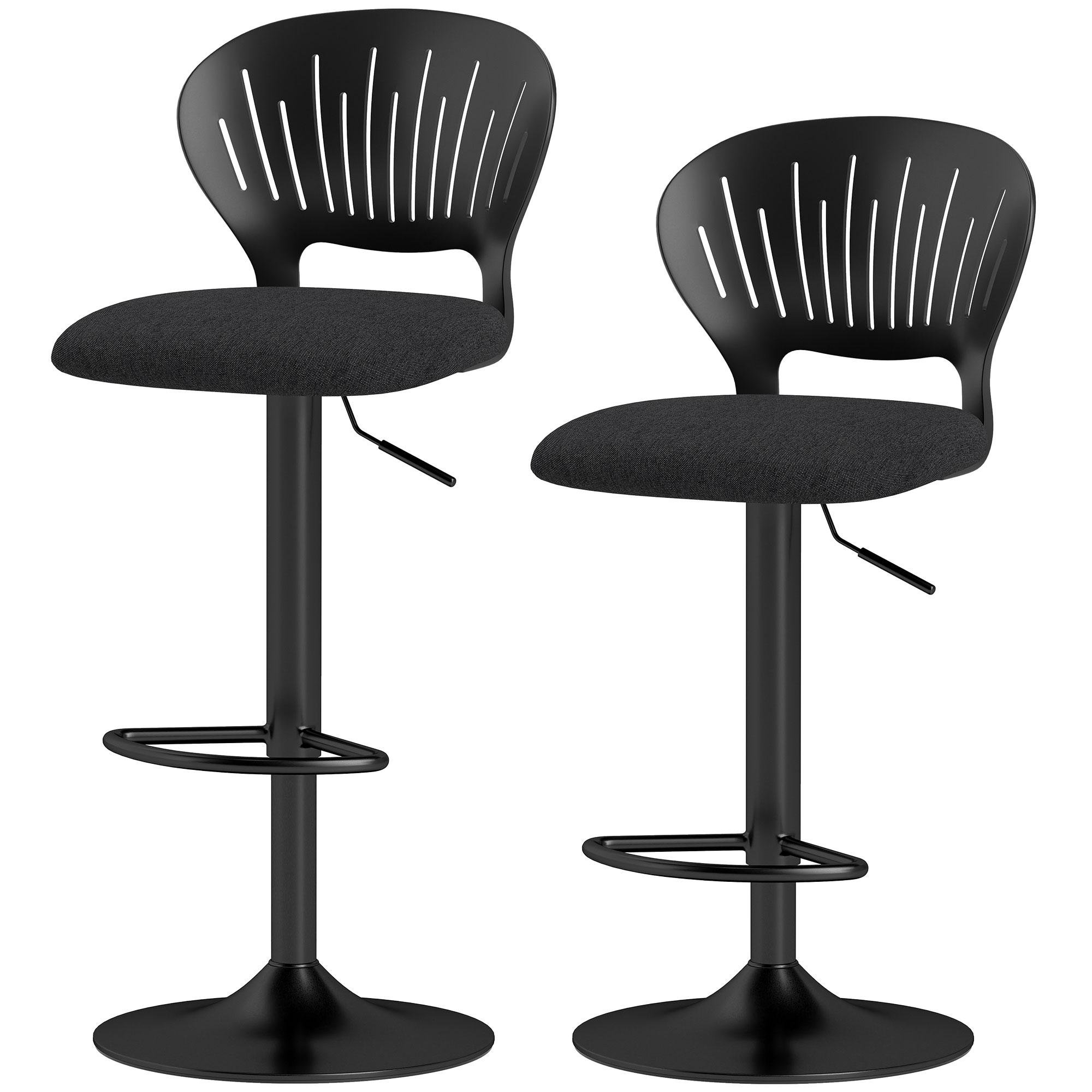 Black Hollow Back Bar Stools, Adjustable Swivel Set of 2