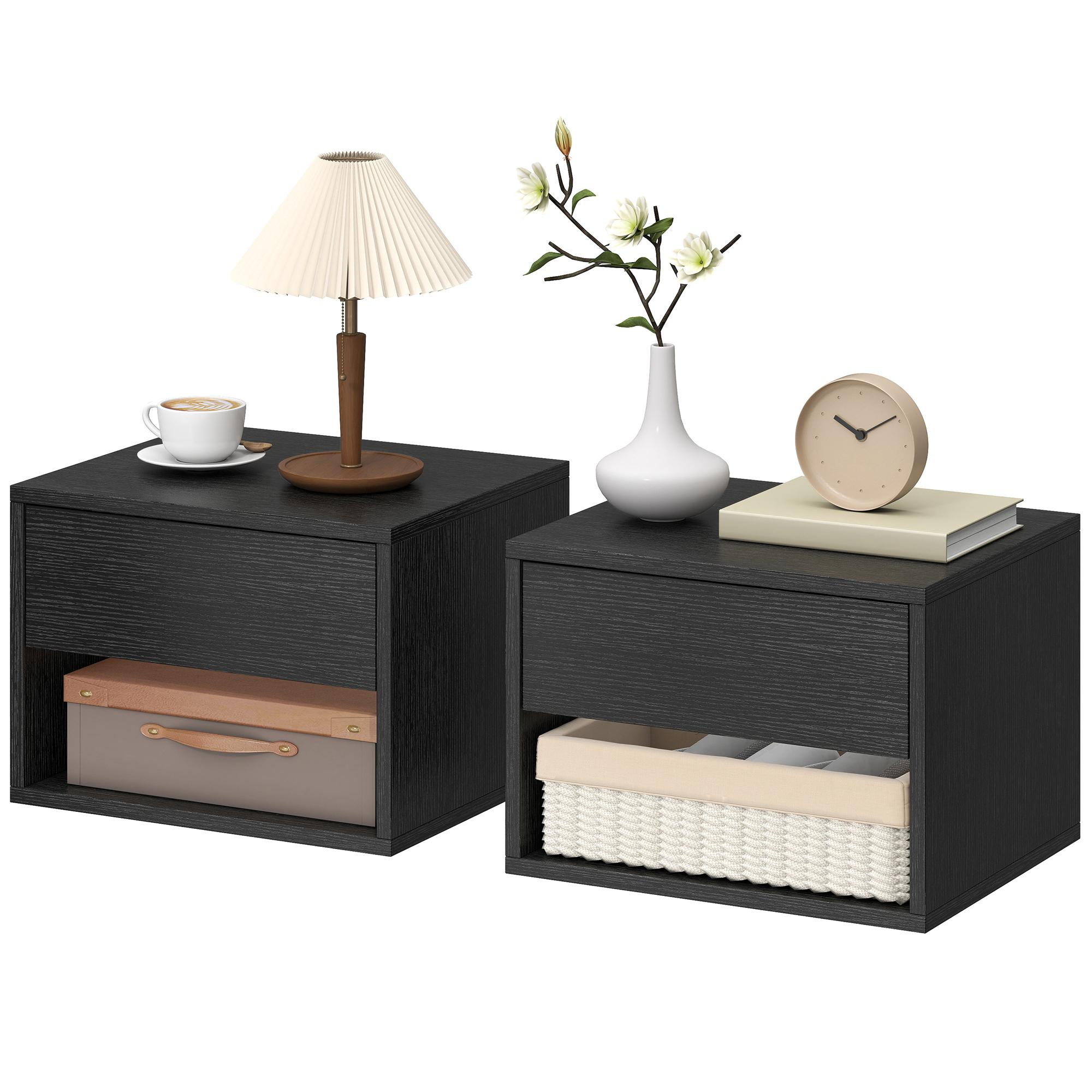 Black Stackable Bedside Tables, Wall-Mounted Set of 2
