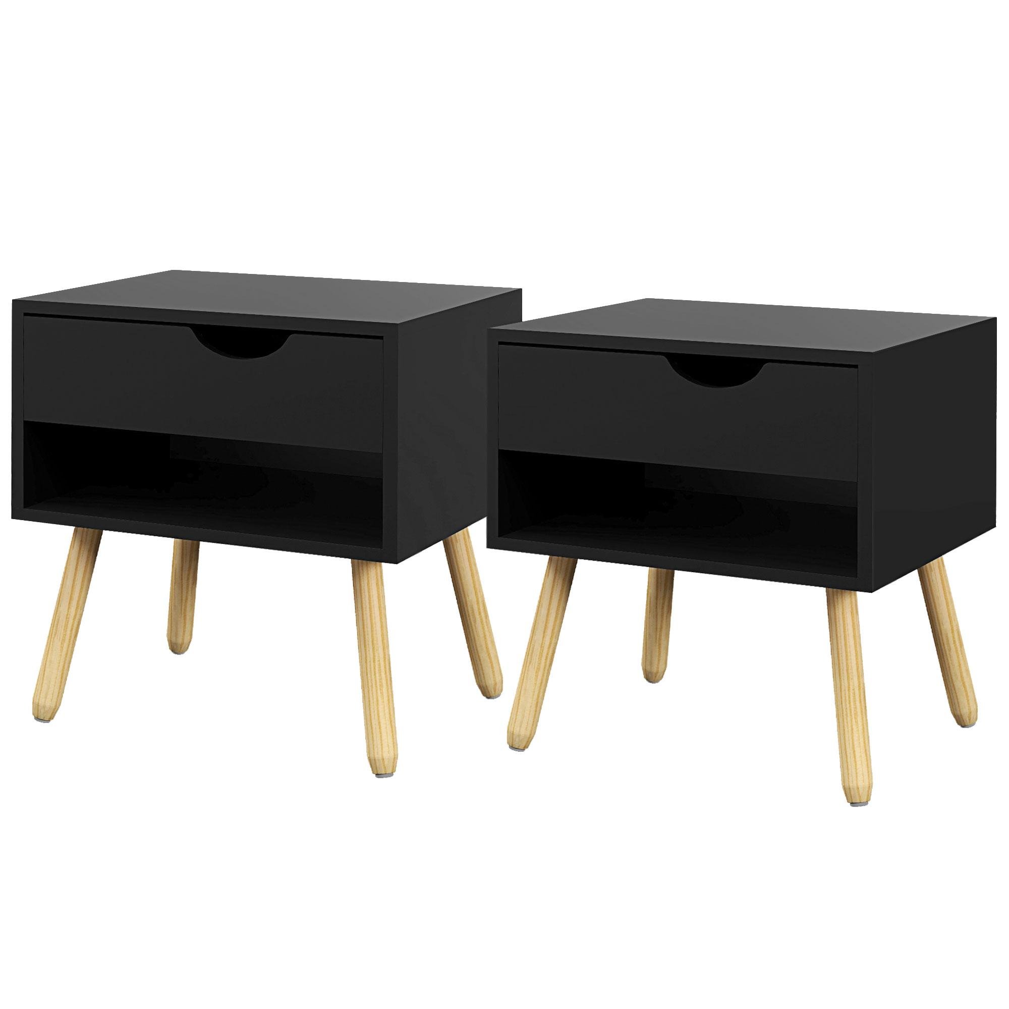 Black Drawer Shelf Nightstands | Set of 2 for Bedroom