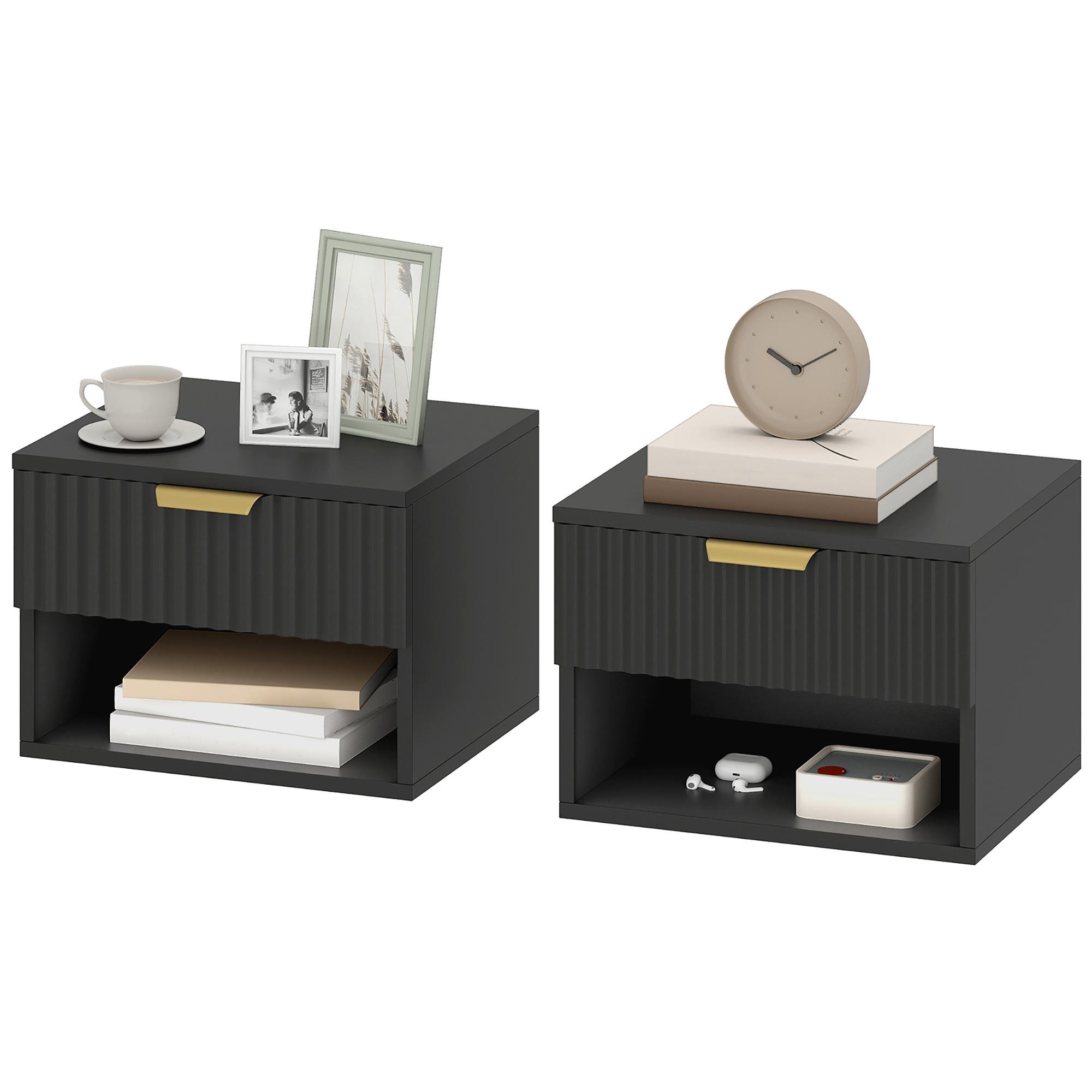 Black Wall Mounted Nightstands with Drawer and Open Shelf