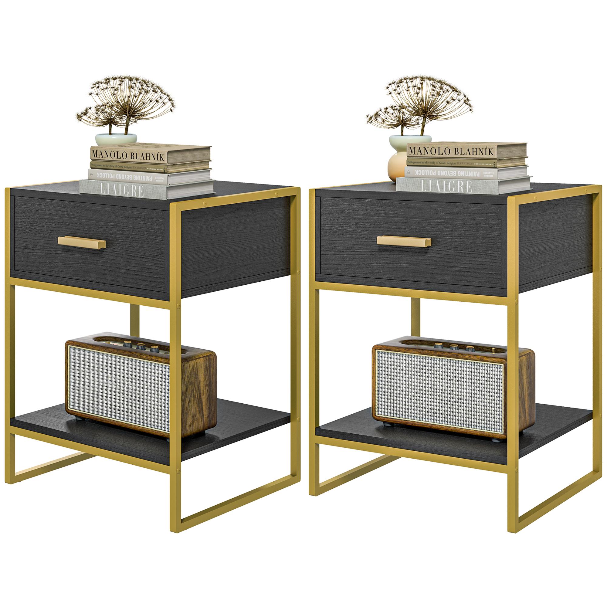 Black Gold Bedside Tables with Drawer and Shelf, Set of 2