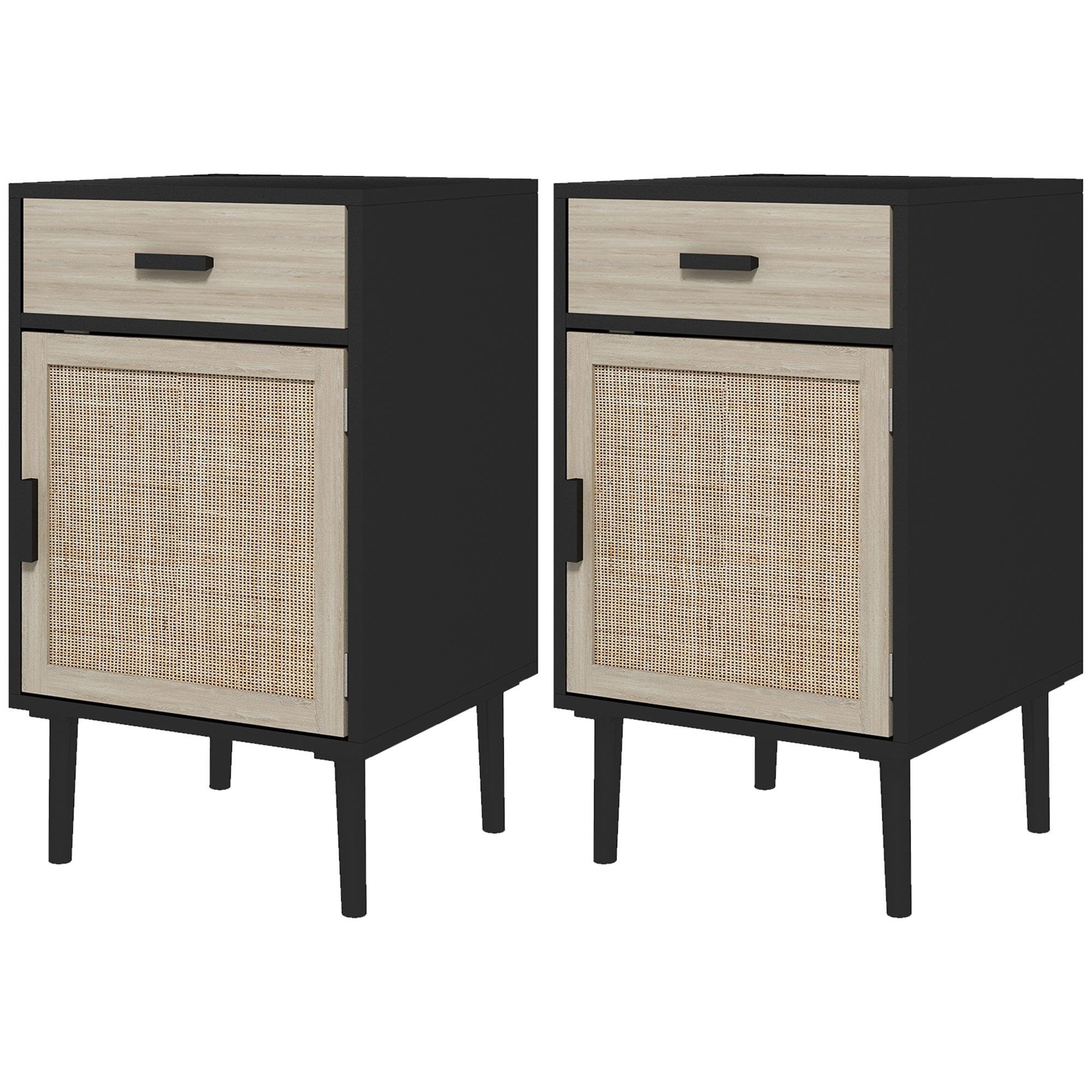Black Rattan Drawer Nightstands, Set of 2 with Adjustable Shelf