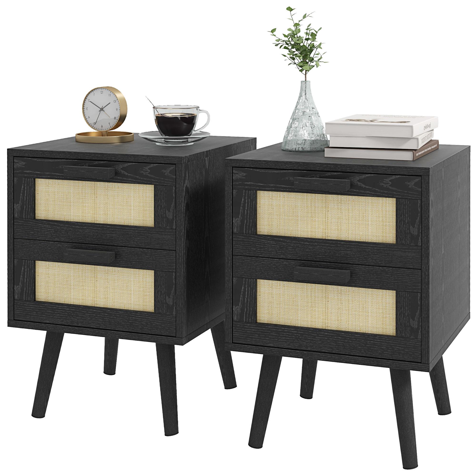 Black Rattan Bedside Tables Set of 2, 22-Inch Boho Style