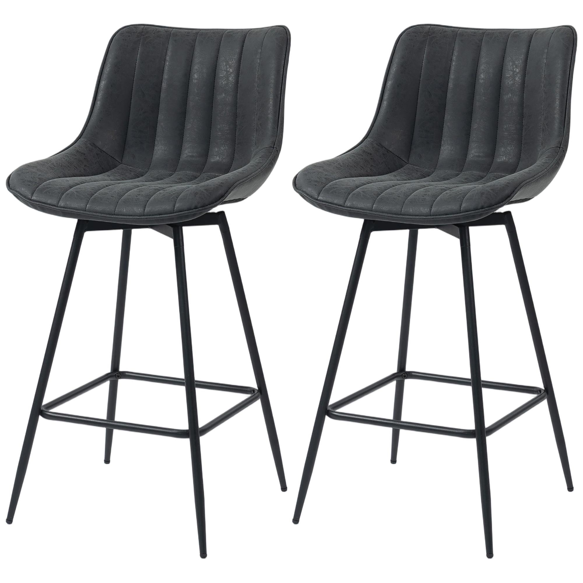 Black Channel Stitch Counter Stools, 360° Swivel, Set of 2