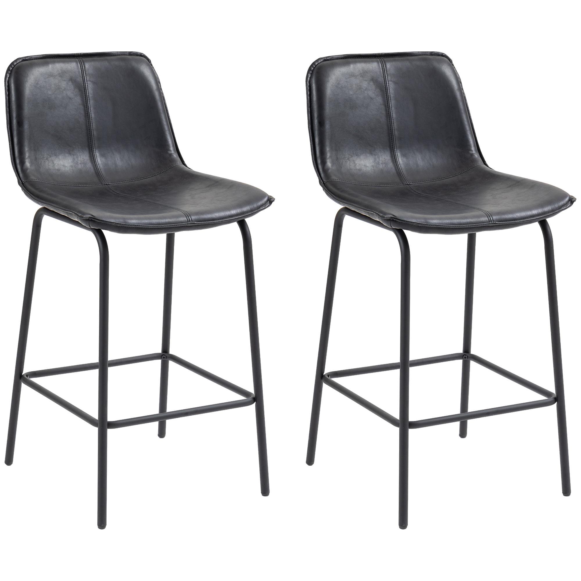 Black Microfiber Counter Stools, Set of 2 with Steel Legs
