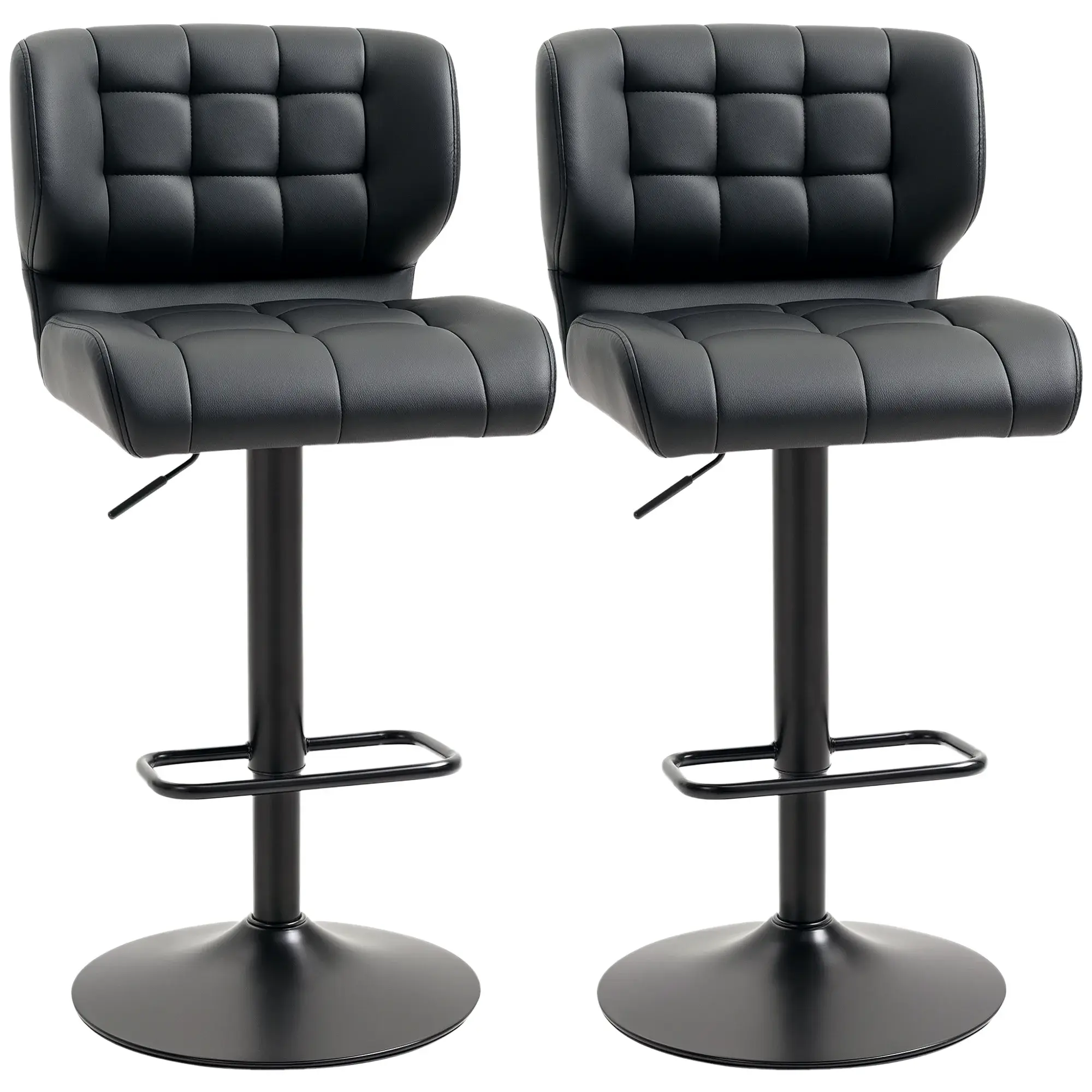 Black Faux Leather Bar Stools, Adjustable Set of 2