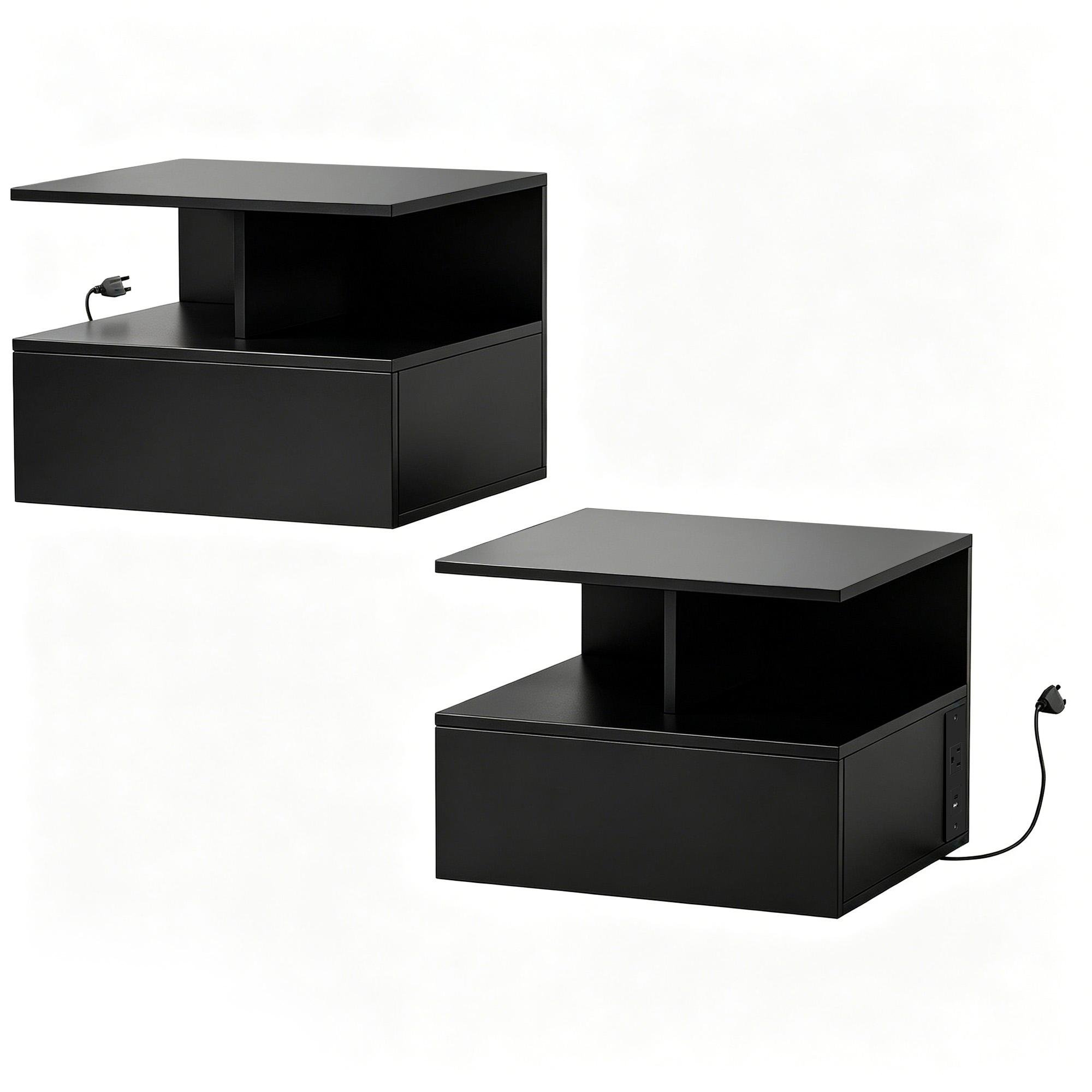Black Floating Nightstand Set with Charging Station, 2 Piece