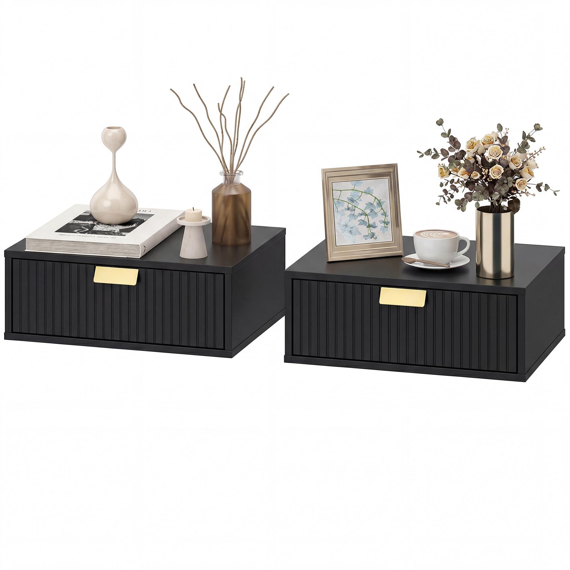 Black Wave Drawer Nightstands with Floating Design, Set of 2
