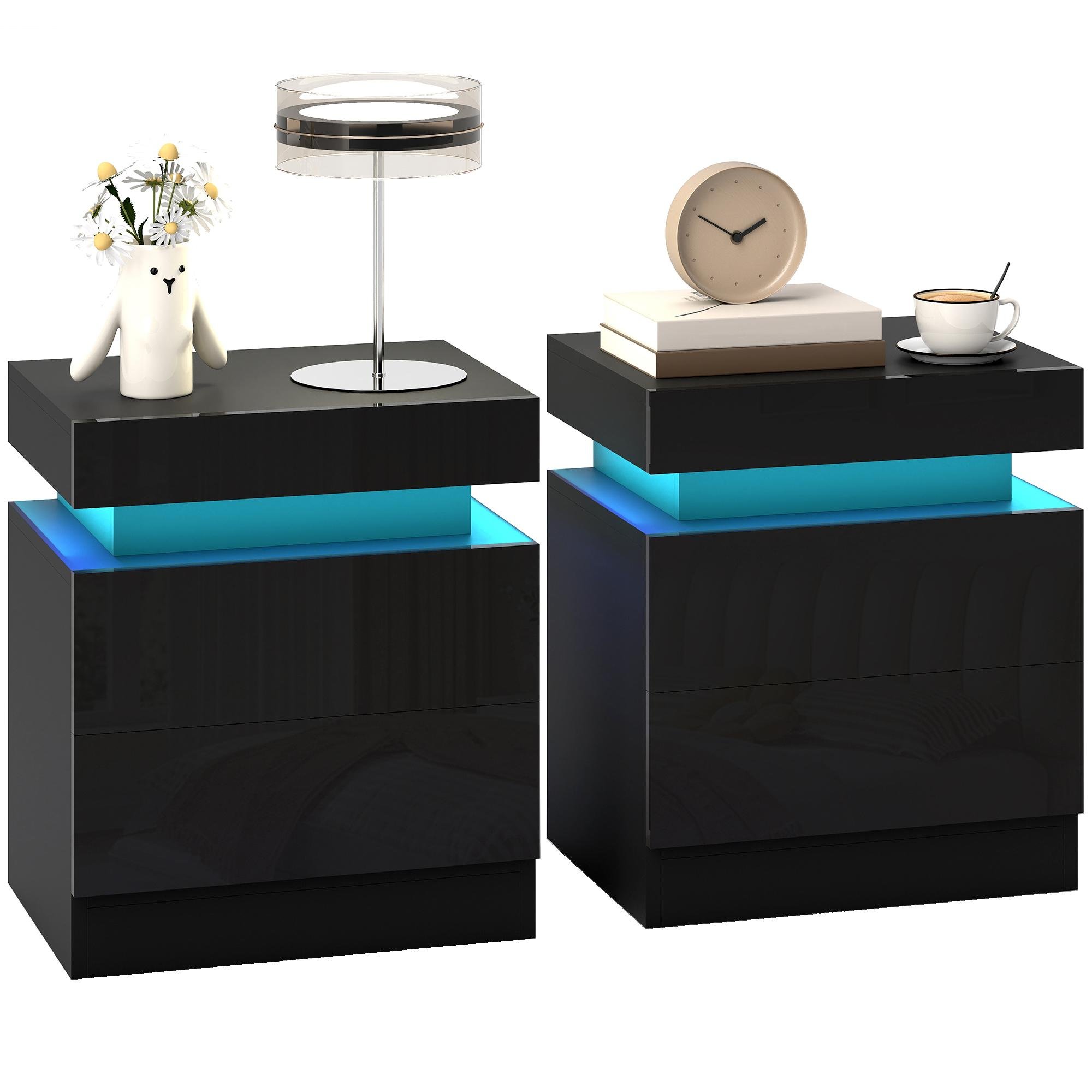 Black Bluetooth Nightstand Pair with LED Lights