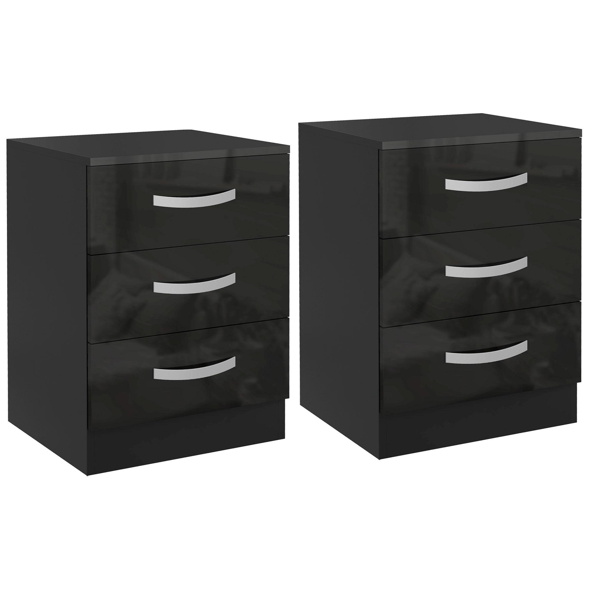 Black High Gloss Nightstand Set of 2 with Drawers