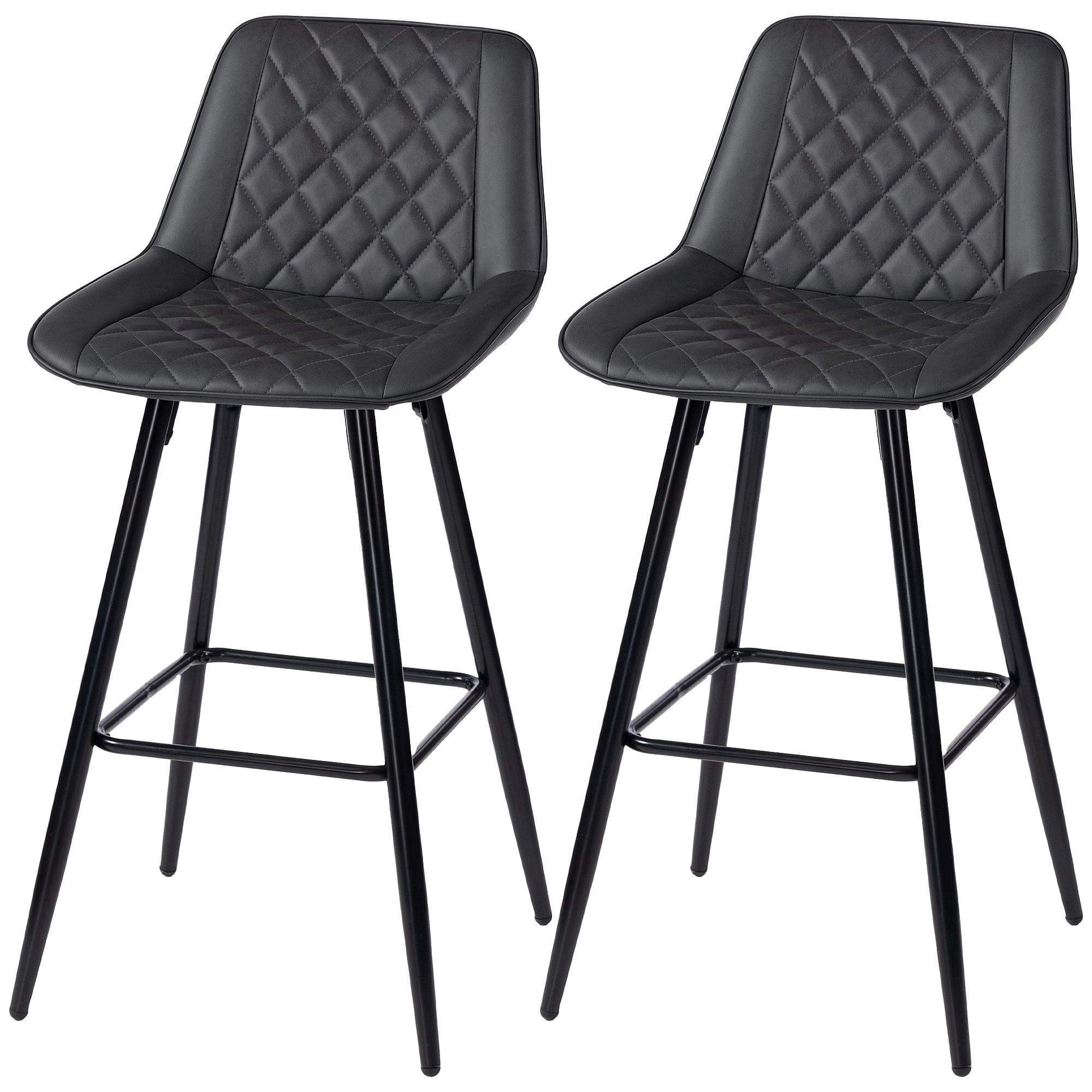 Black Quilted PU Bar Stools, Set of 2 for Kitchen Islands