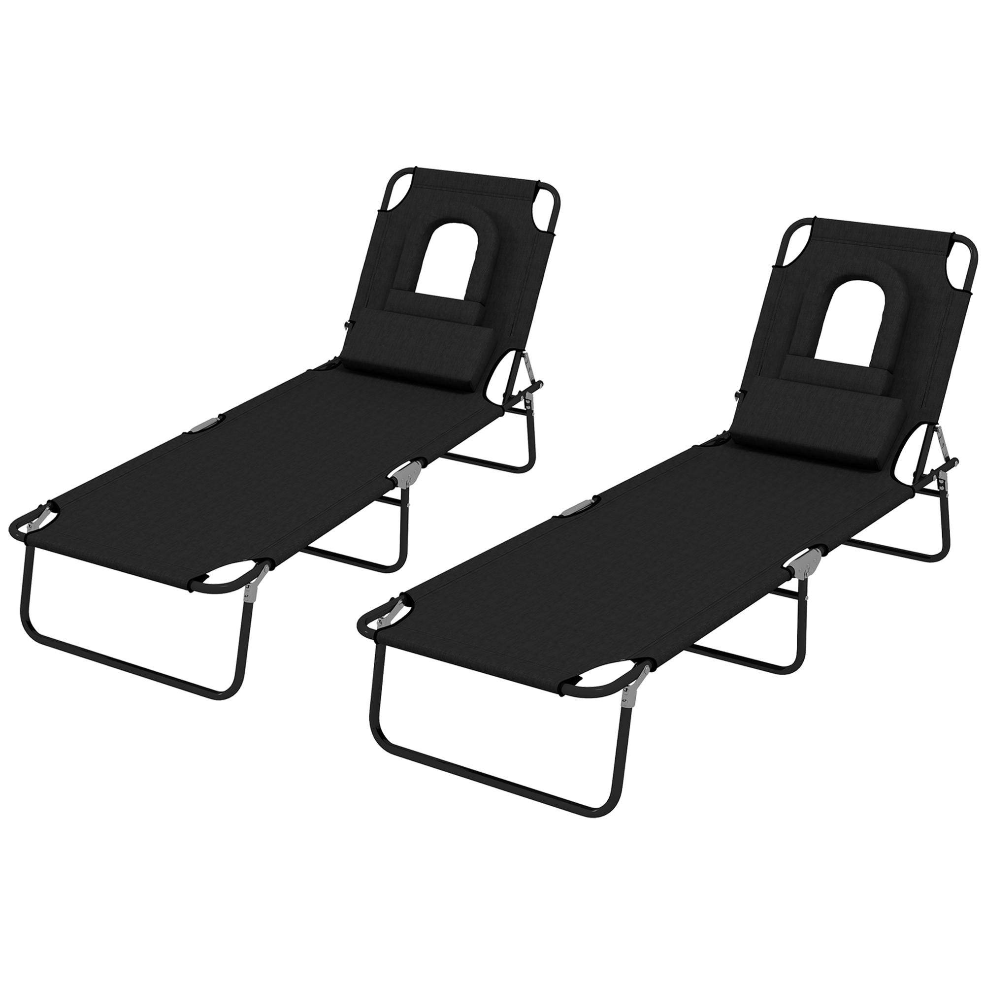 Black Reclining Sun Loungers with Face Hole, Set of 2