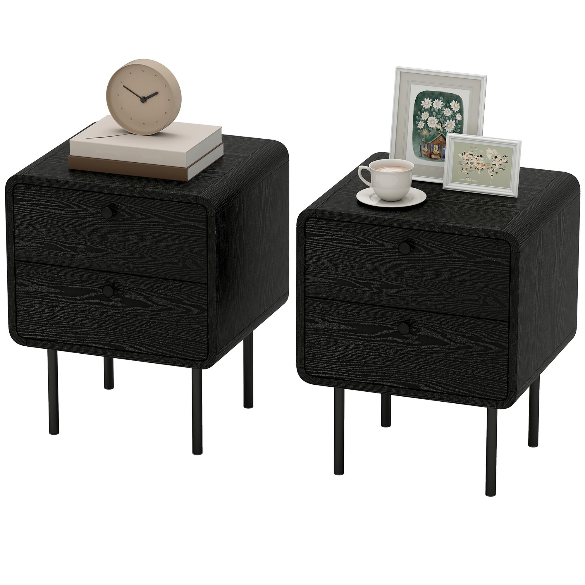 Black Rounded Nightstands with Two Drawers, Set of 2