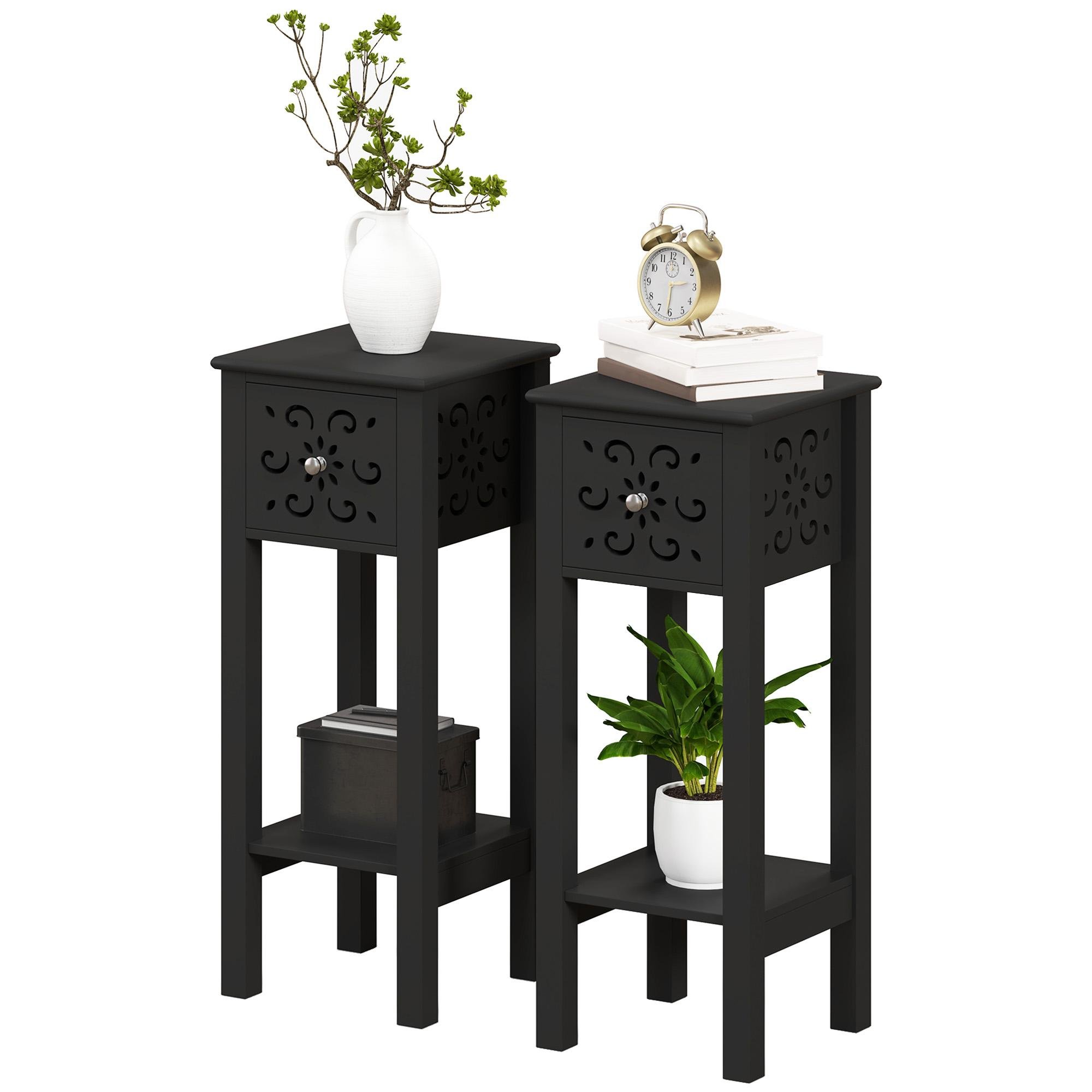 Black Flower Drawer Side Tables with Open Shelves