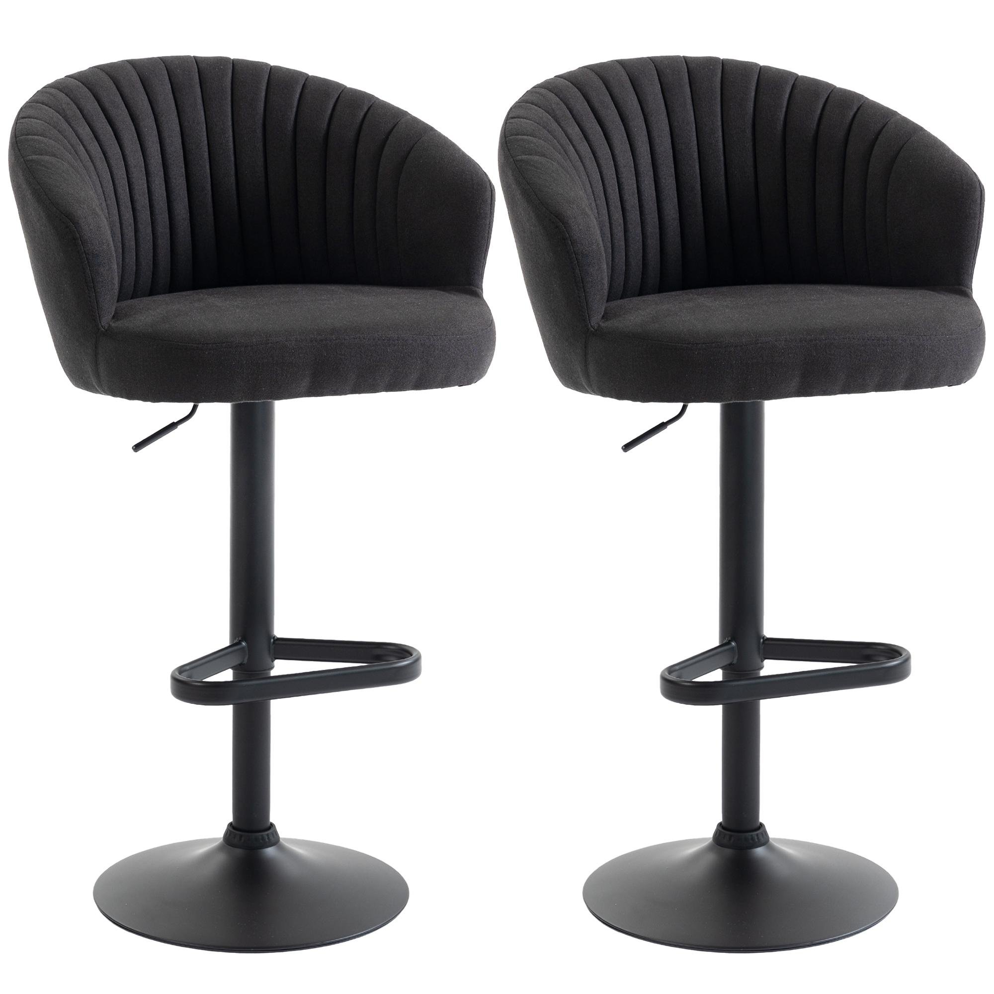 Black Linen Look Adjustable Stools with 360° Swivel, Set of 2