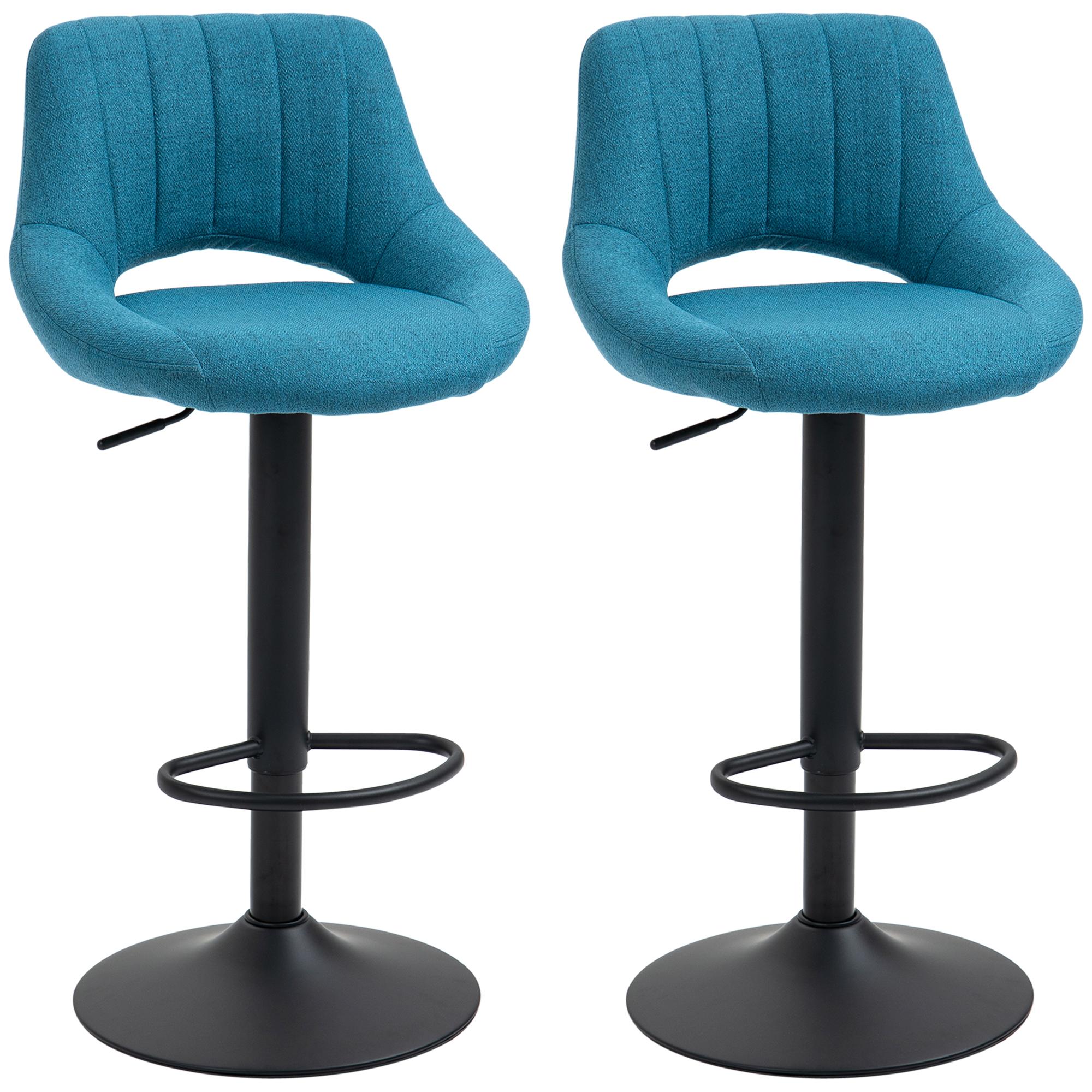 Blue Linen Swivel Bar Stools Adjustable Height Set of 2