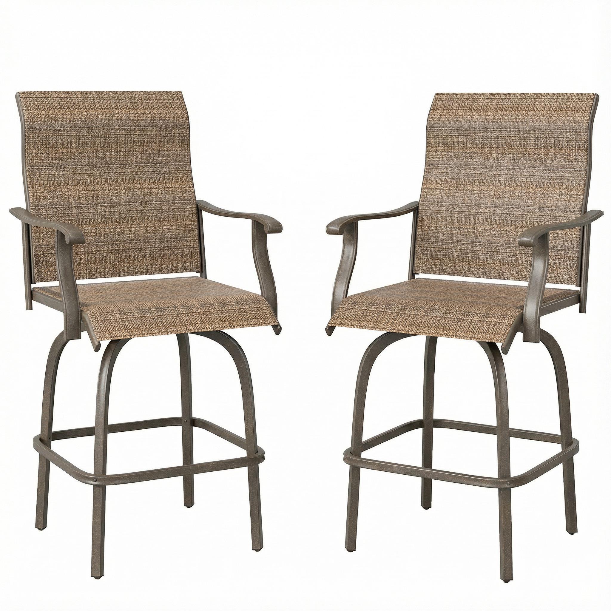 Brown Steel Patio Stools, Set of 2 Swivel Bar Height Chairs
