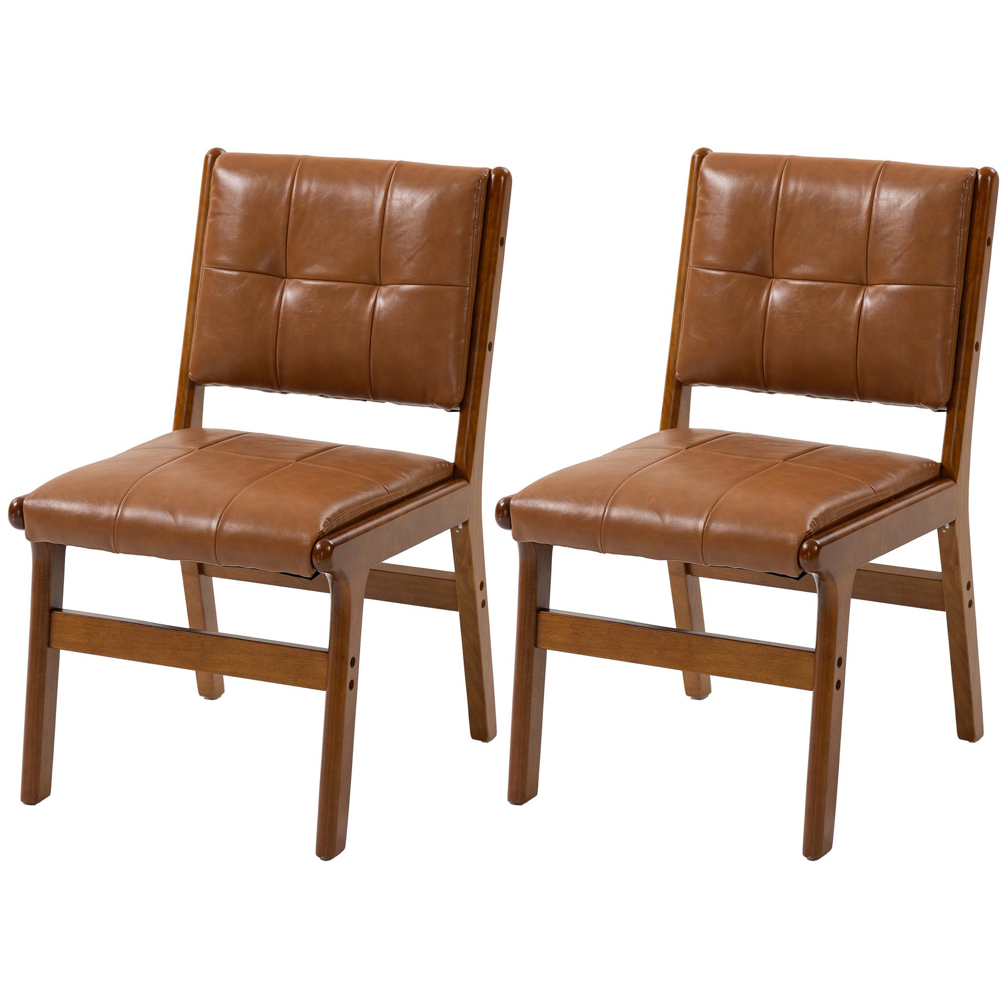 Brown Tufted Faux Leather Chairs with Rubberwood Frame