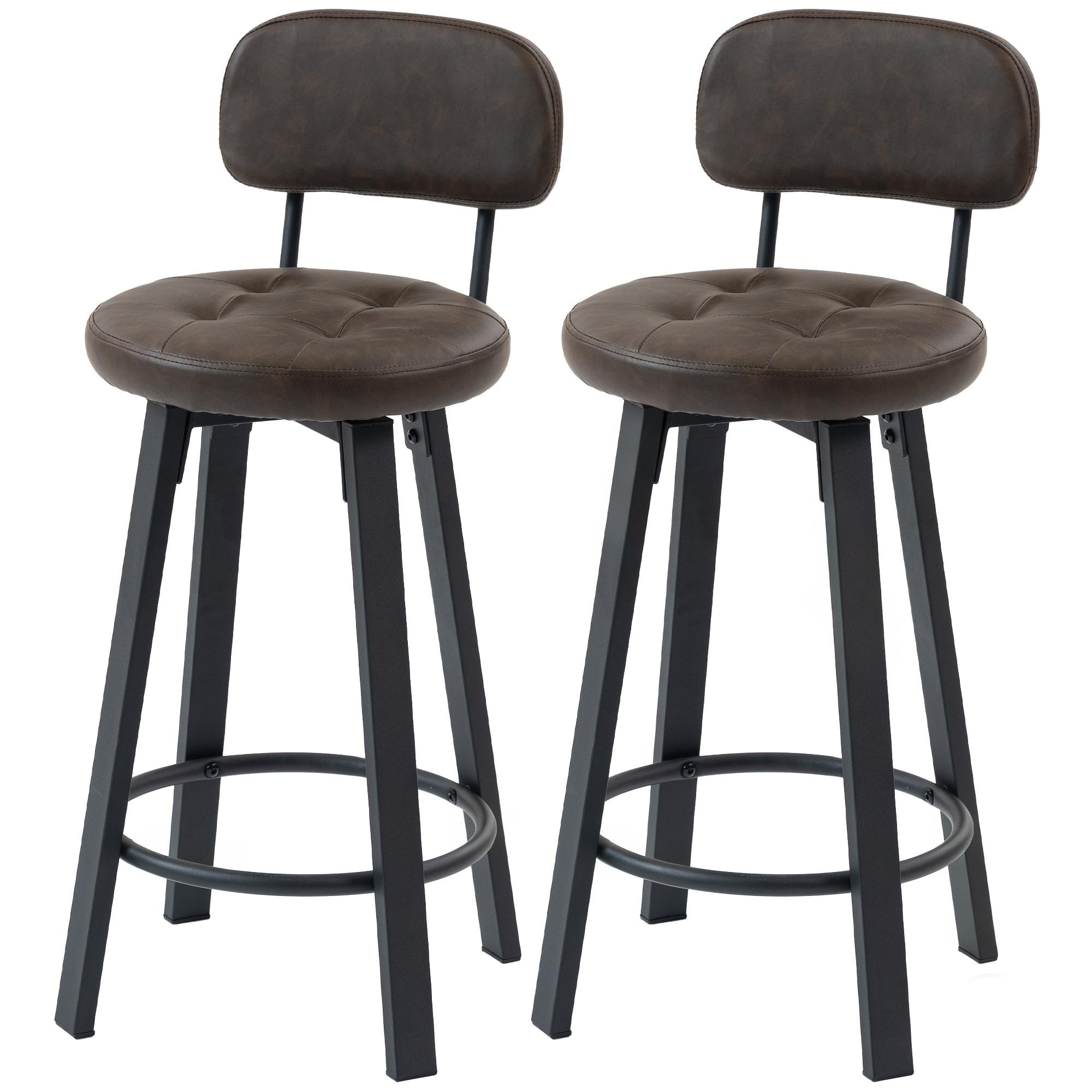 Brown PU Leather Swivel Chairs with Footrest, Set of 2