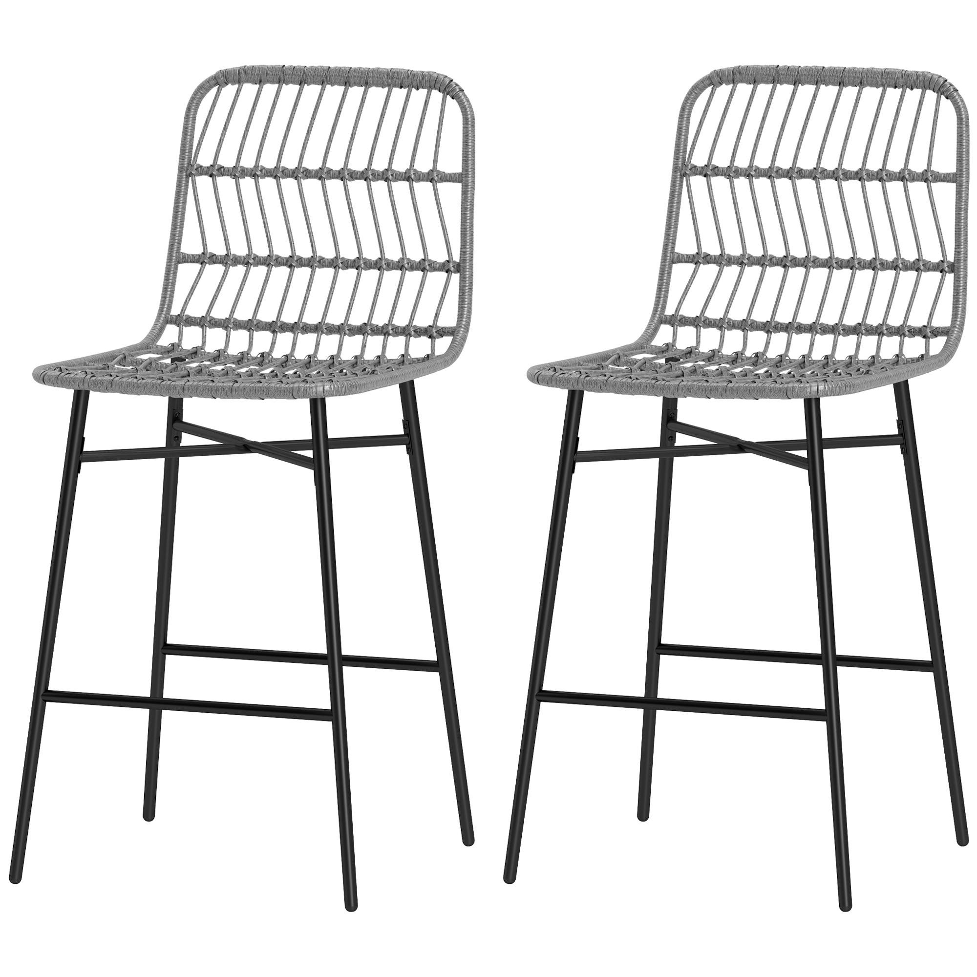 Charcoal Grey Rattan Counter Stools with Back, 26-Inch Set of 2