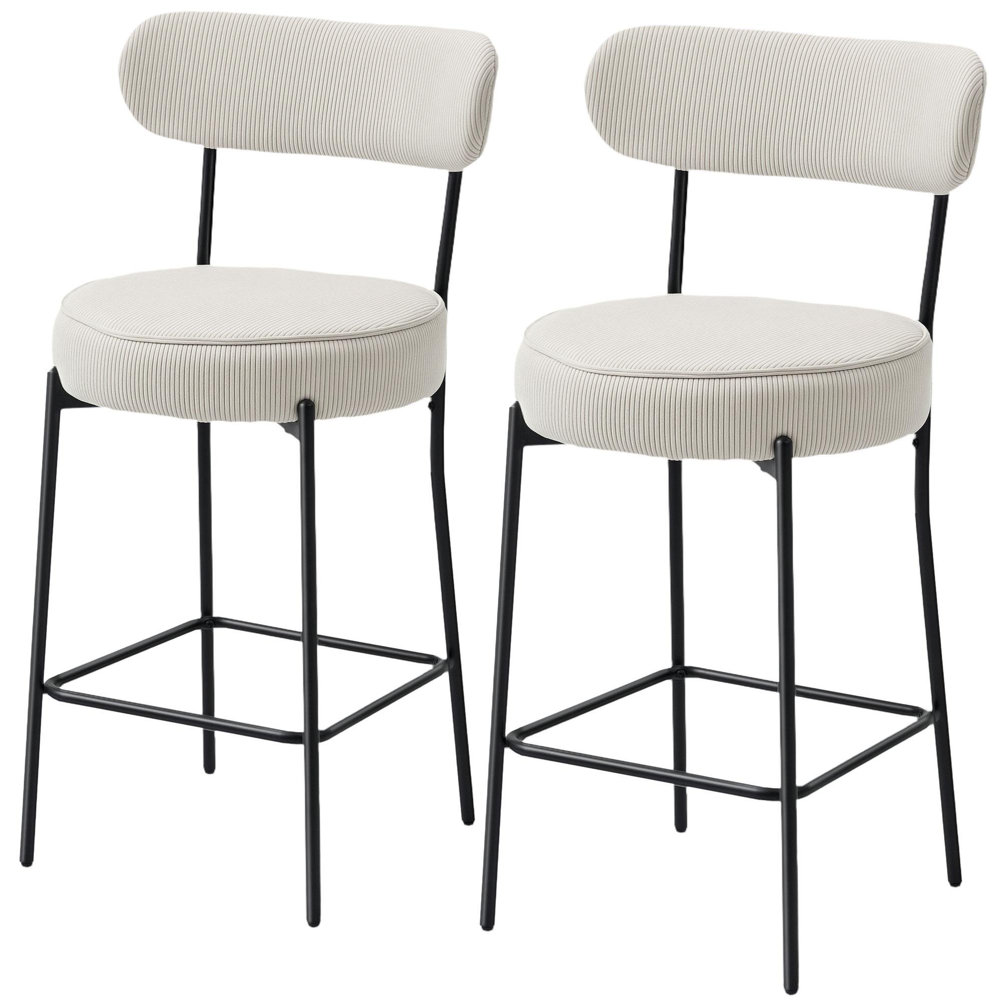 Cream White Corduroy Bar Stools with Padded Seats, Set of 2
