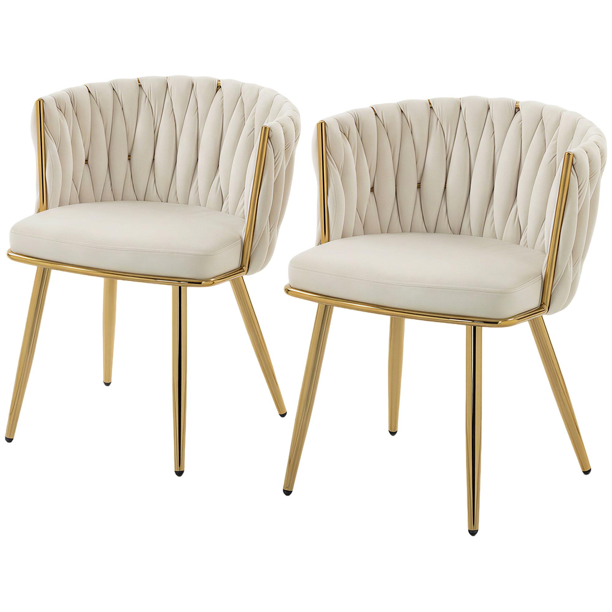 Cream White Velvet Dining Chairs with Woven Back, Set of 2