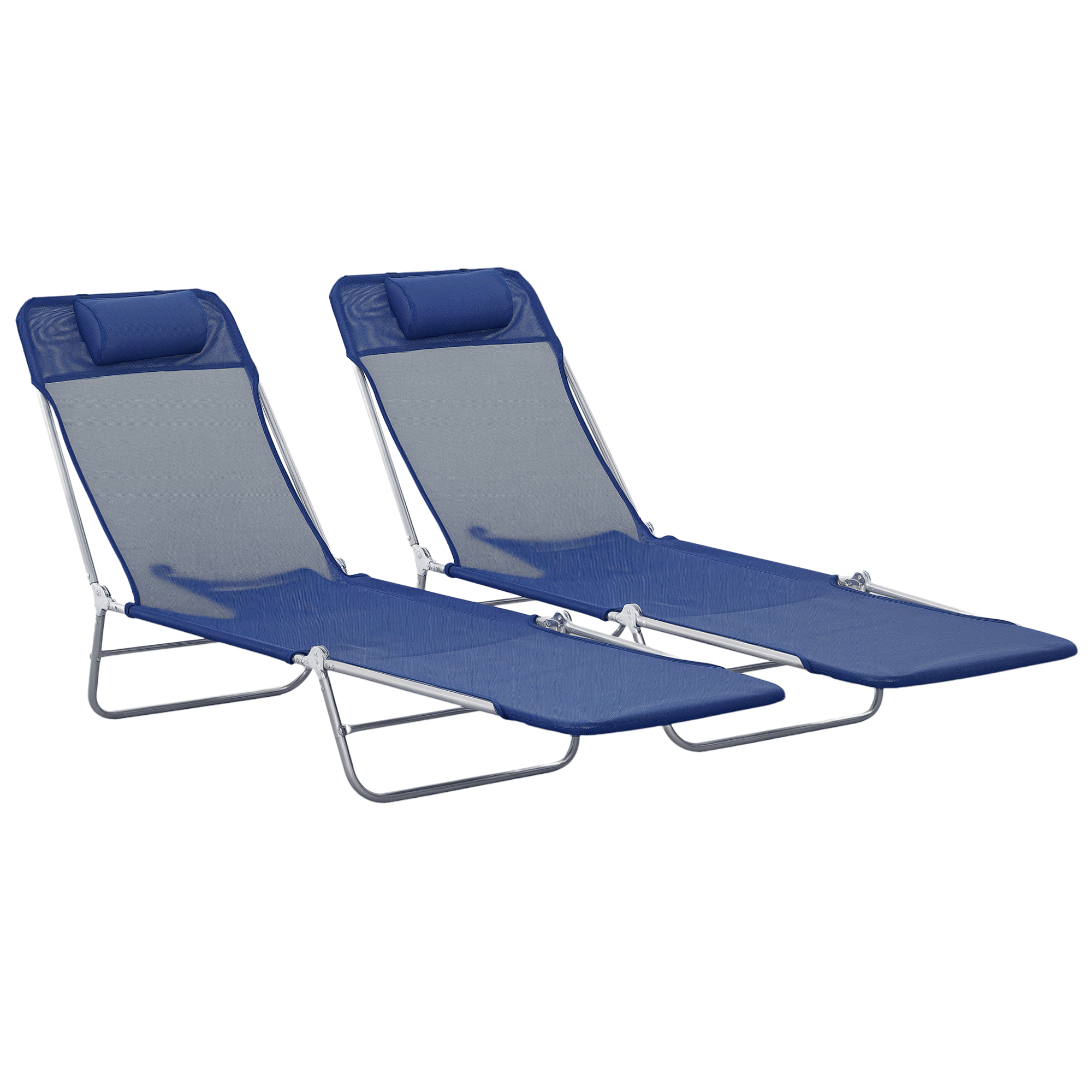 Dark Blue Mesh Chaise Loungers, Folding Set of 2 with 5-Position Recline