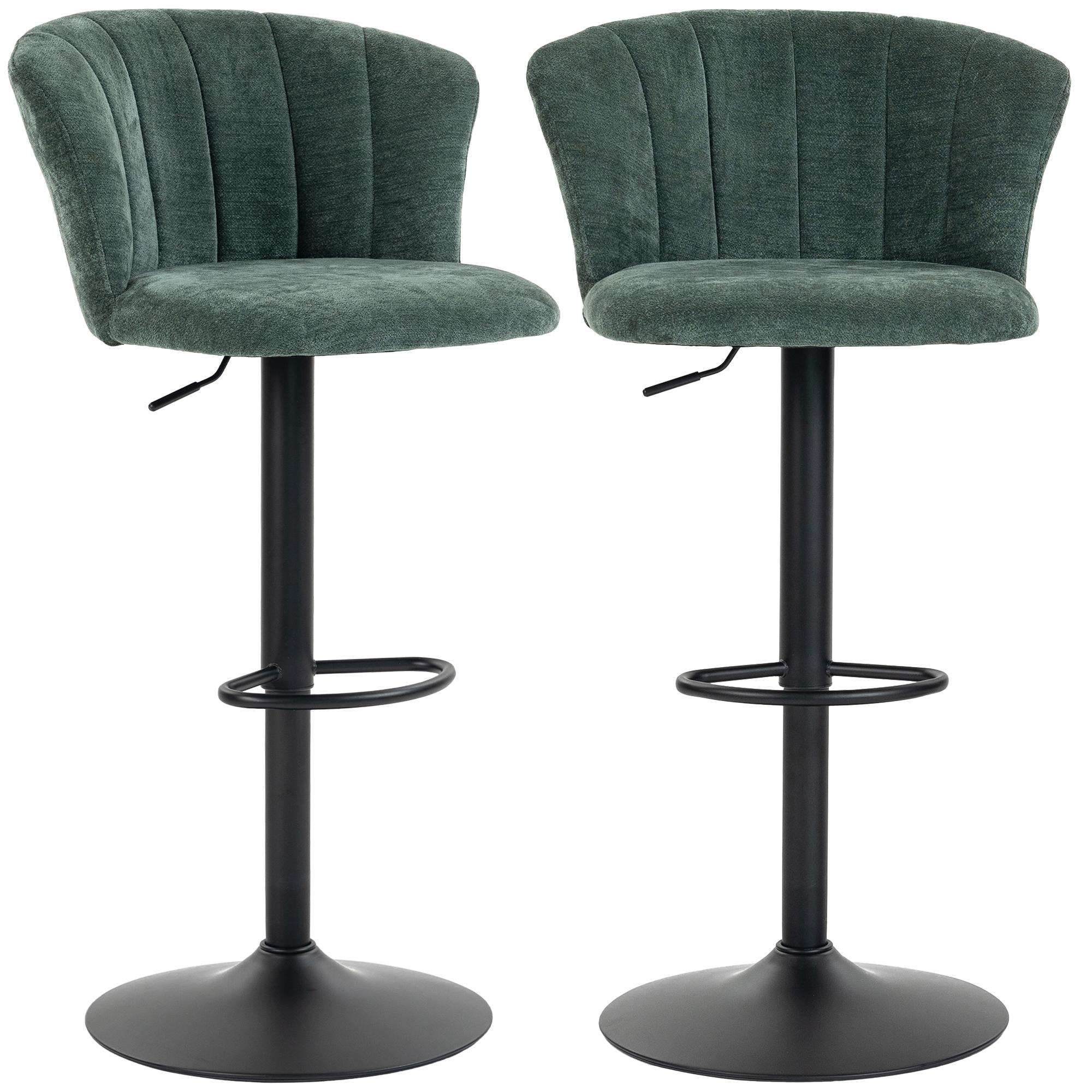 Dark Green Chenille Bar Stools with 360° Swivel, Set of 2