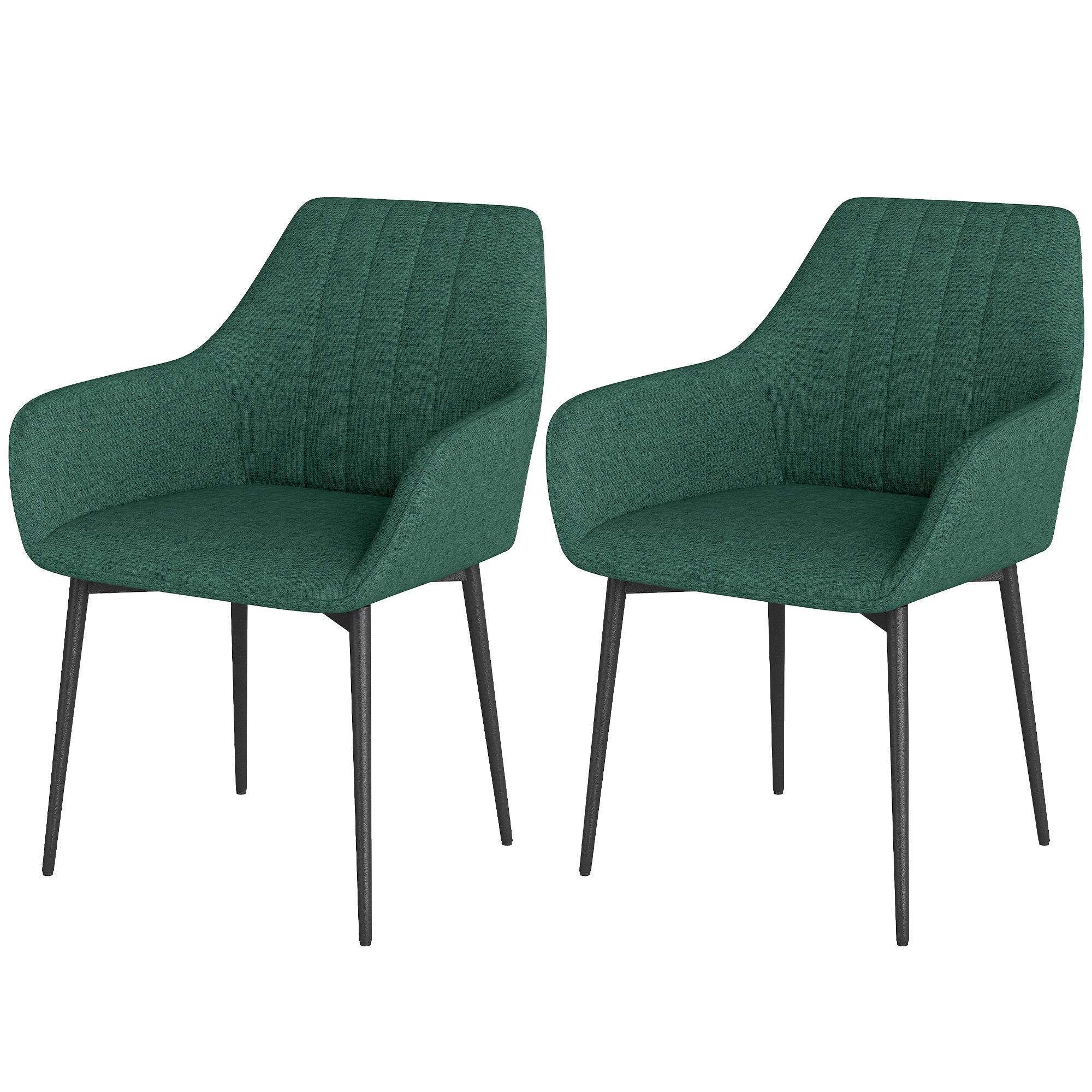Dark Green Linen Chairs with Padded Wingback Design, Set of 2