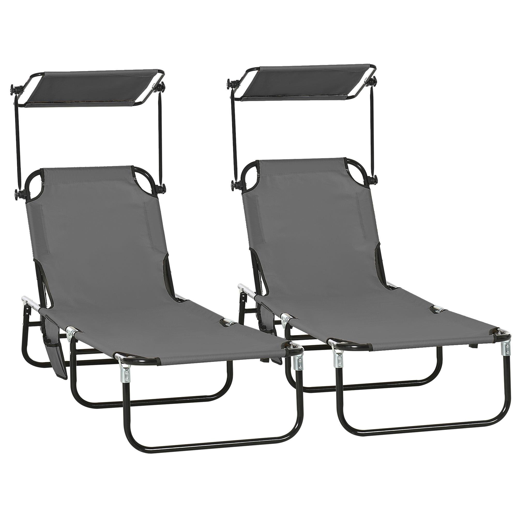 Dark Grey Oxford Sun Loungers with Sunshades, Set of 2