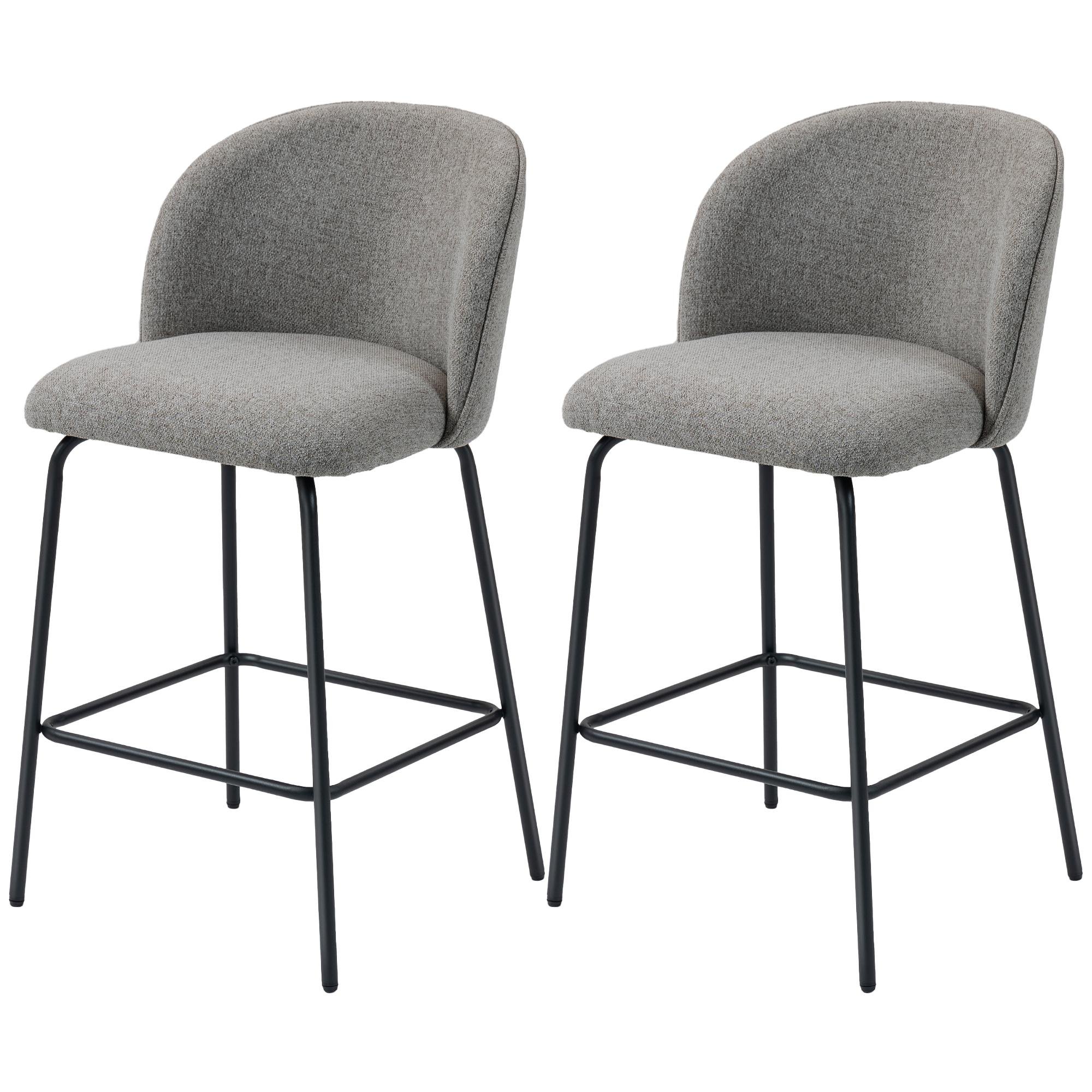 Dark Grey Linen Bar Chairs with Backrests, Set of 2