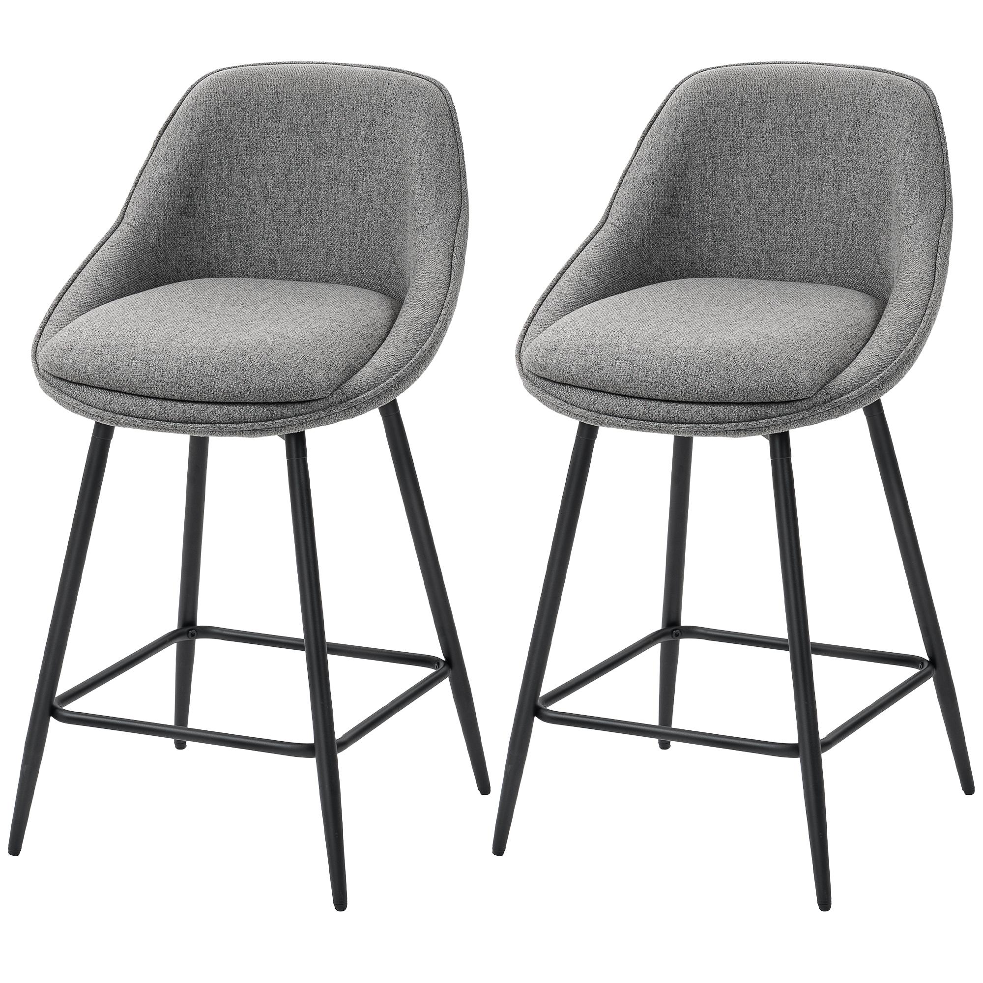 Dark Grey Linen-Look Bar Stools, Set of 2, 26-Inch