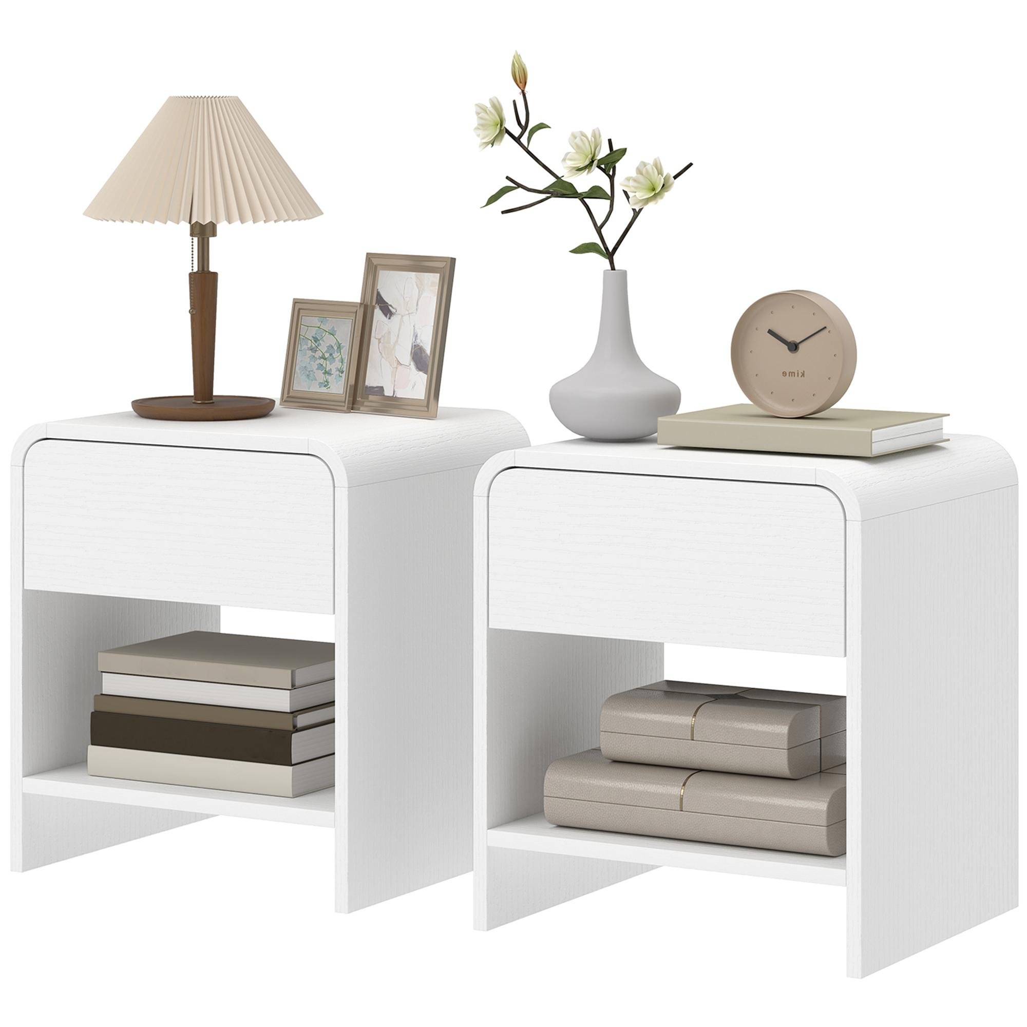 Distressed White Nightstand Pair with Drawer and Shelf
