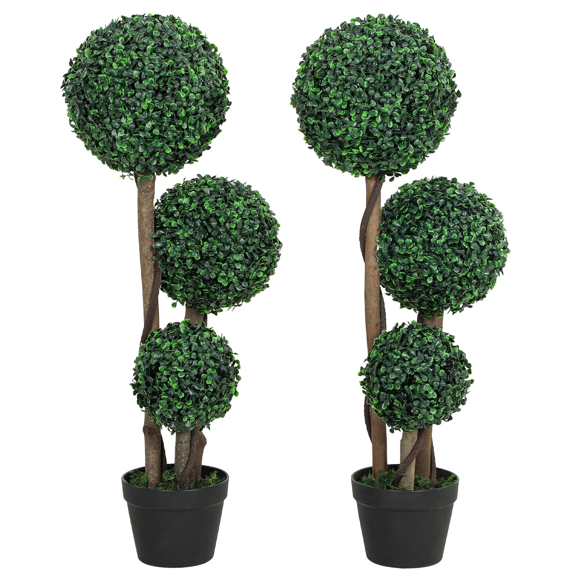 35 Inch Green Boxwood Set, UV-Resistant Triple-Ball Trees