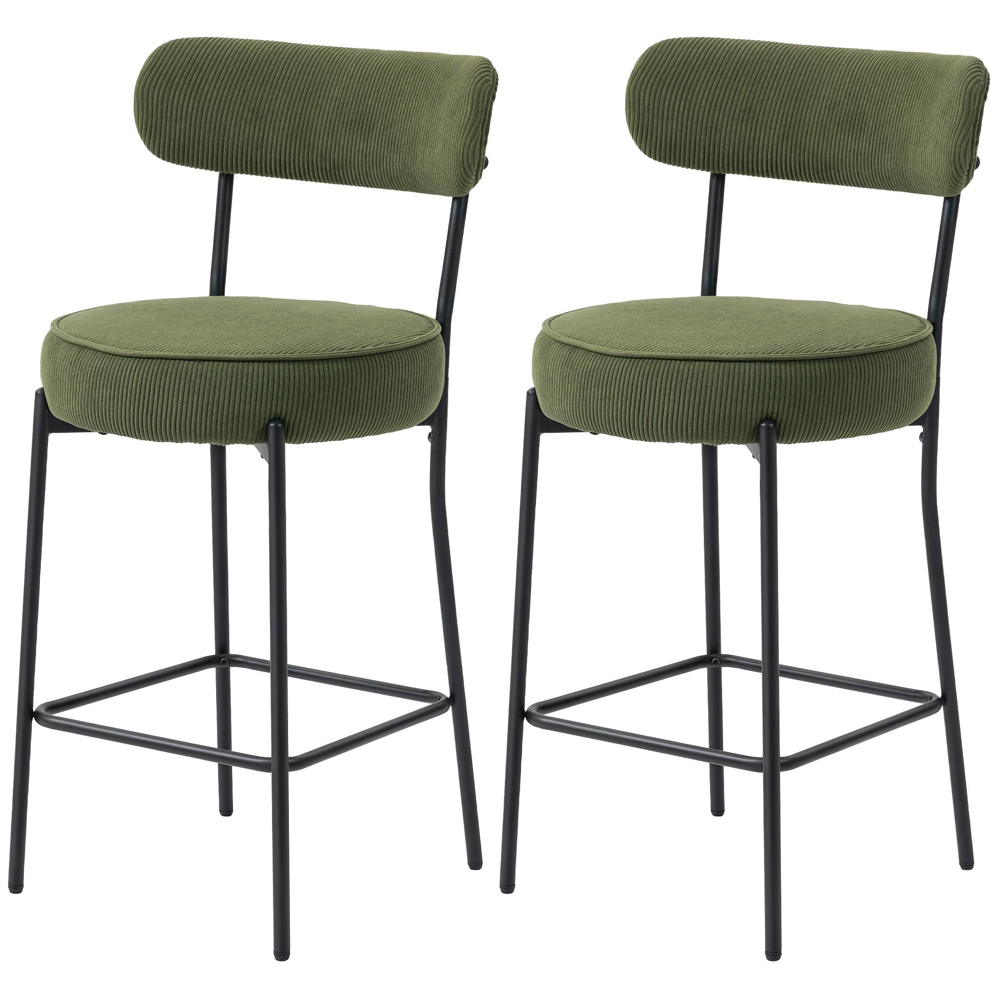 Green Corduroy Barstools with Backrests, Set of 2