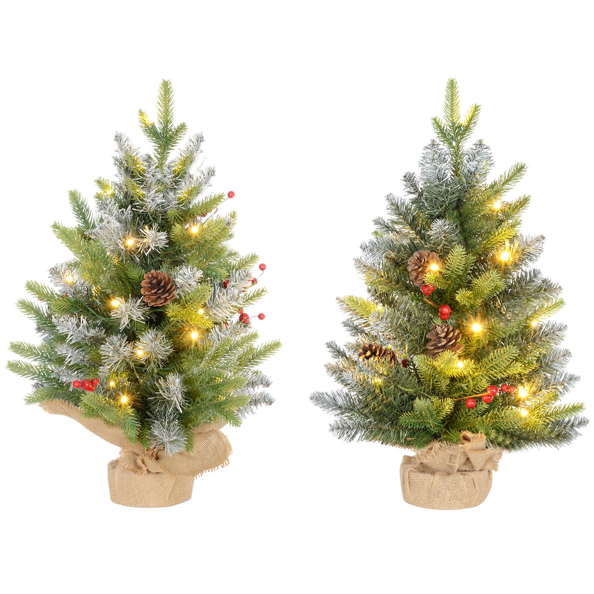 2 ft green pre-lit trees with warm white lights, set of 2