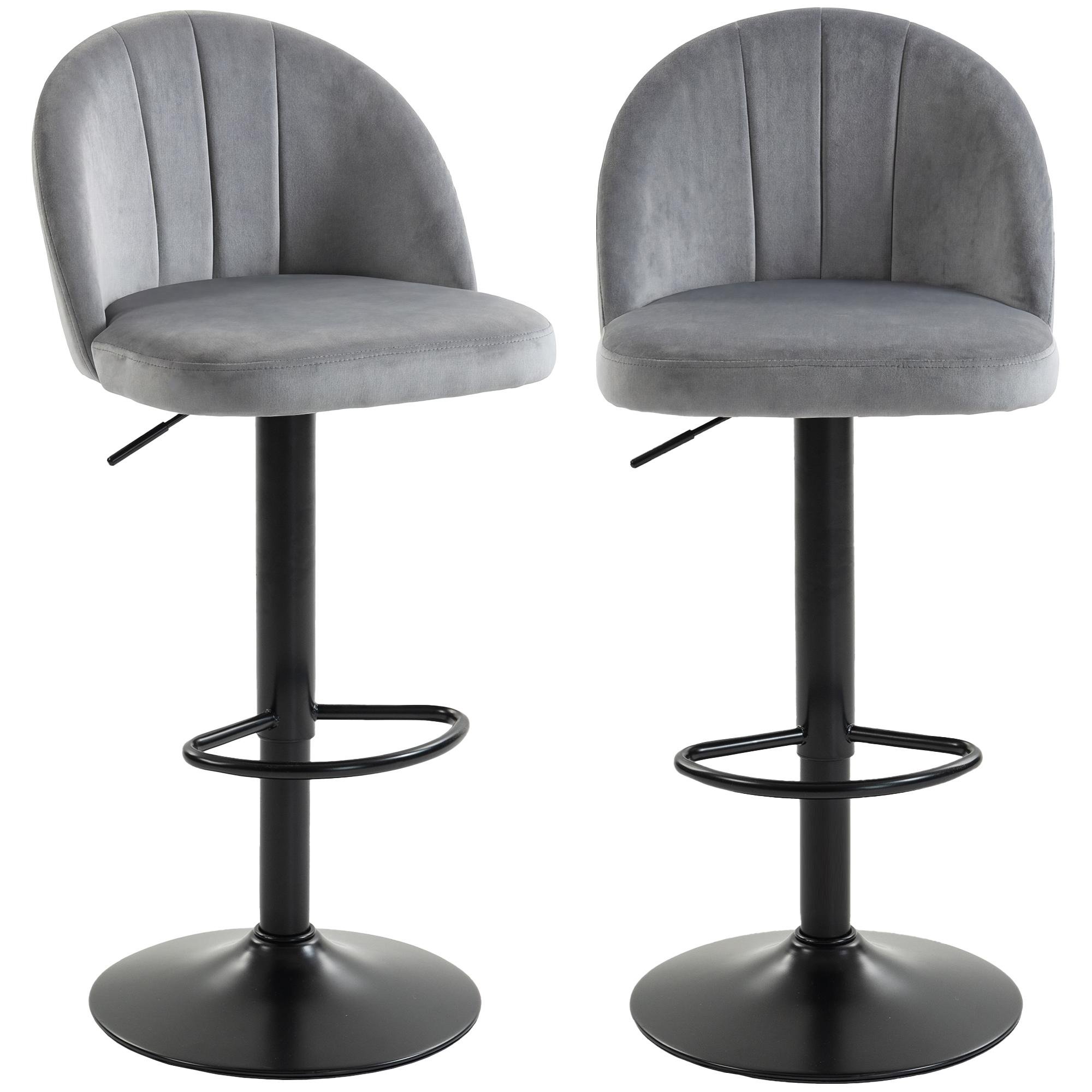 Grey Velvet-Feel Bar Stools, Adjustable Set of 2