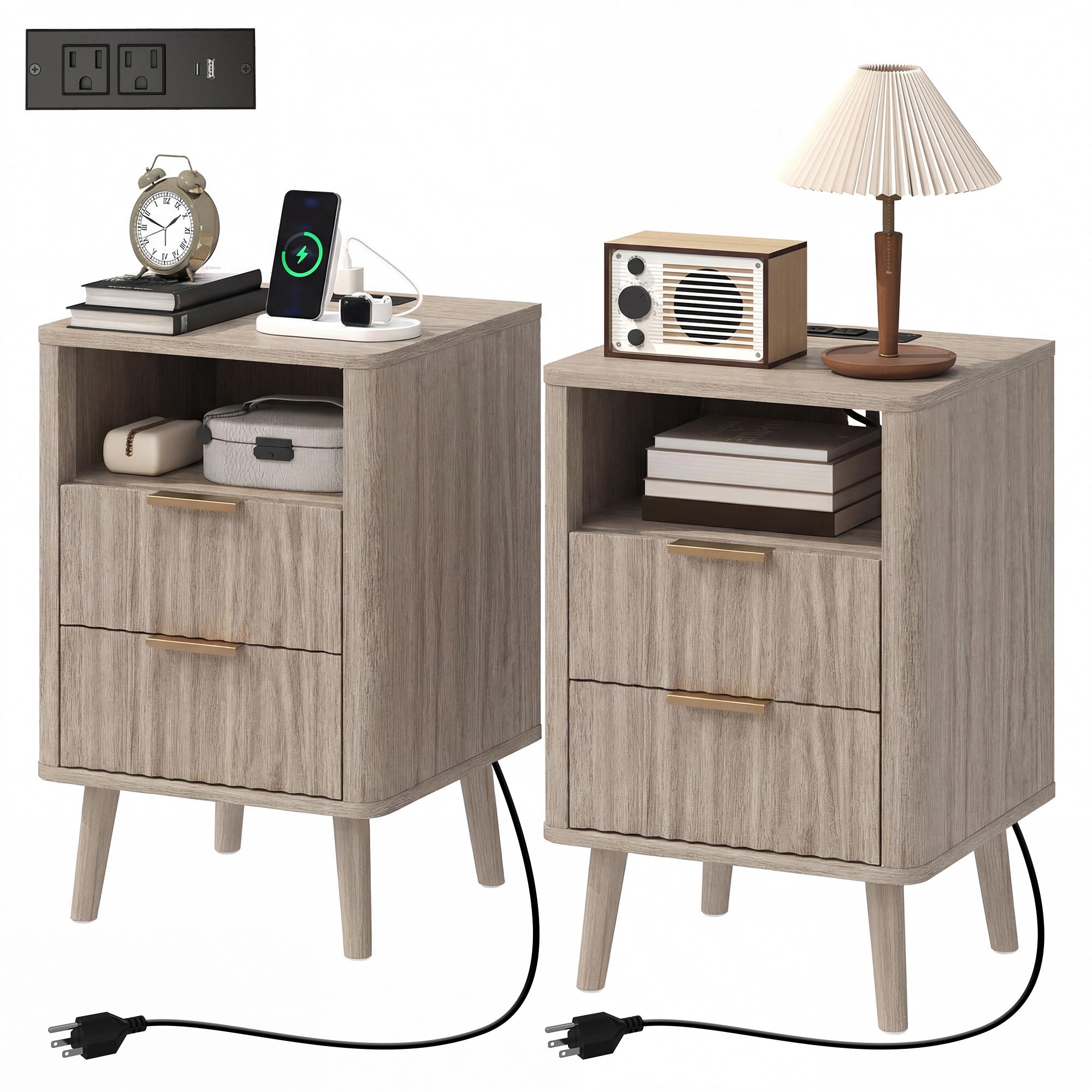 Grey Charging Bedside Tables with 2 Drawers, Open Shelf